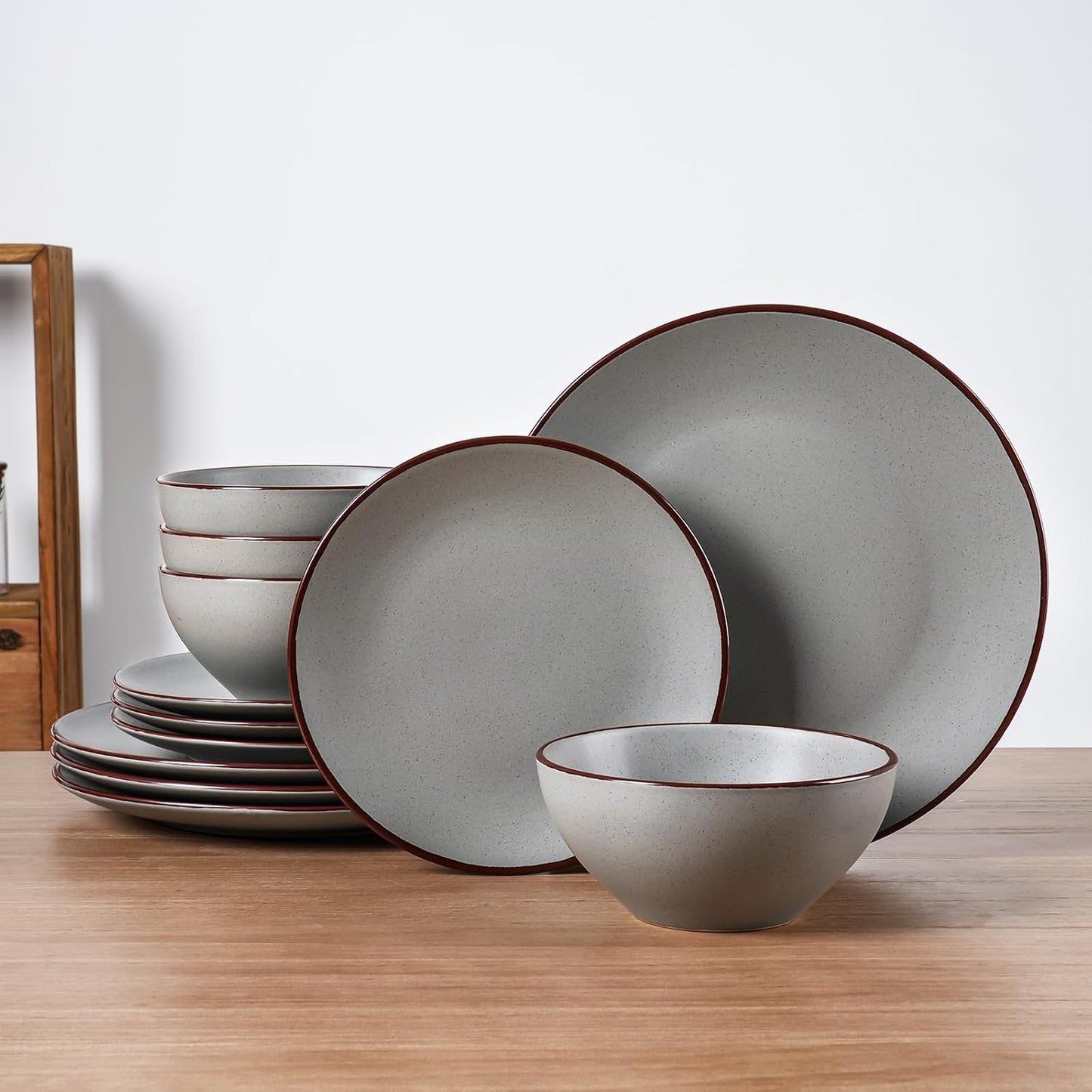 Famiware Venus Plates and Bowls Sets with Trim, 12 Pieces Speckled Stoneware Dishes Dinnerware Set for 4, Matte Dark Gray - Microwave & Dishwasher Safe, Modern Minimalist, Everyday & Formal Dining