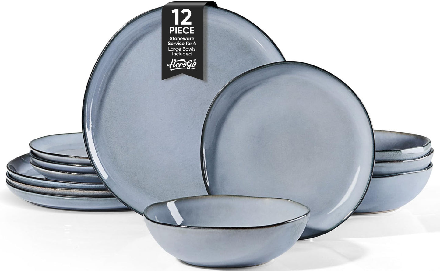 Herogo 12pcs Stoneware Dinnerware Sets for 4, Irregular Handmade Dinner Plates and Bowls, Kitchen Dining Dish Dishware Set, Microwave & Dishwasher Safe, Cream Khaki