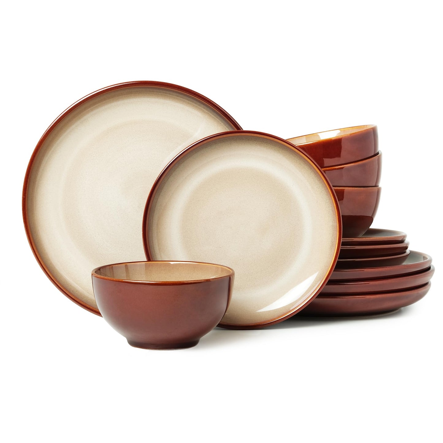 Pokini Stoneware Dinnerware Sets Service for 4, 12 pcs Reactive Glaze Plates and Bowls Sets, Handmade Ceramic Dish Set, Highly Chip and Crack Resistant Modern Plate Set, Brown Green