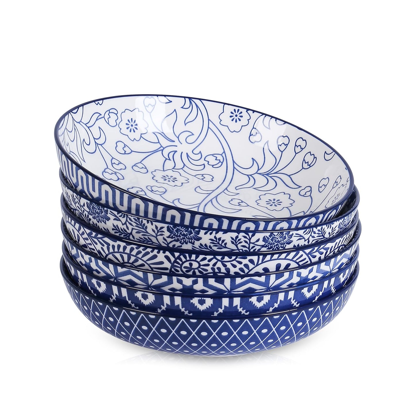 Selamica Porcelain 26 Ounce Pasta Bowls Set of 6, 8 inch Wide and Shallow Salad Bowls, Serving Bowls, Microwave & Dishwasher Safe, Sturdy & Stackable, Variety of Colors