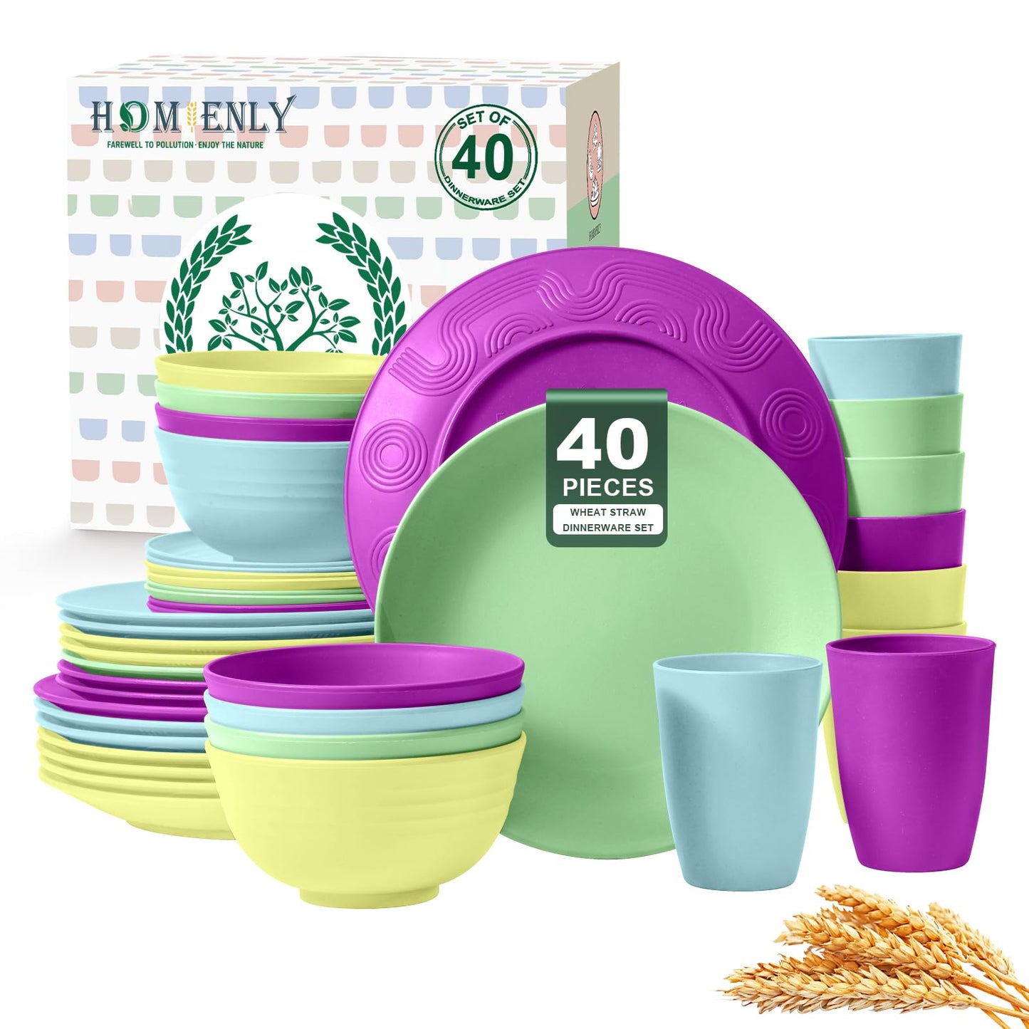 Homienly 40-Piece Premium Wheat Straw Dinnerware Sets, Service for 8, Unbreakable Plates and Bowls Set - Cups Sets, Dinner Plates, Bowls for Kitchen,Dishwasher and Microwave Safe Dishes Set - Multi