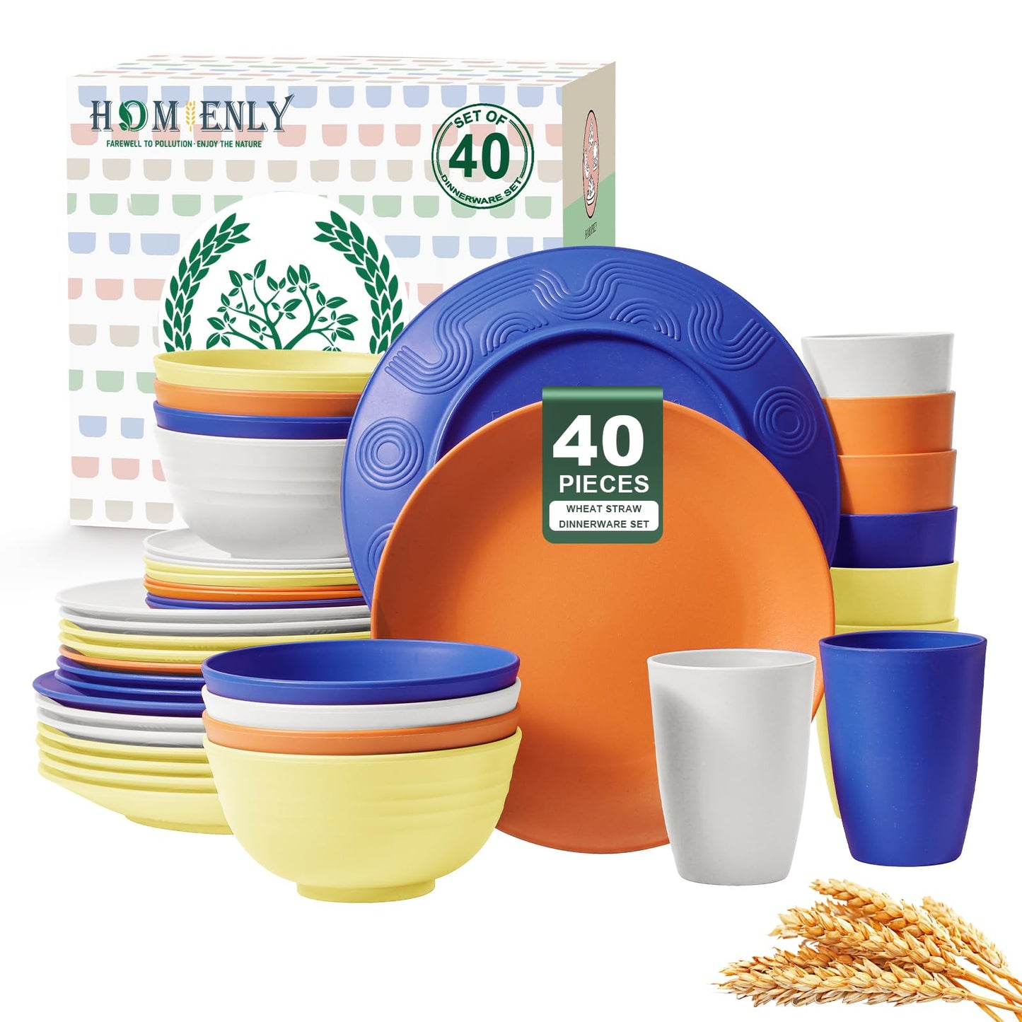 Homienly Kitchen Wheat Straw Dinnerware Set 40 PCS - Dinner Plates, Cereal Bowls, Wheat Straw Cups Set, Microwave and Dishwasher Safe Dishes Set, Unbreakable Dish Set for Party, Outdoor(Grey Stone)