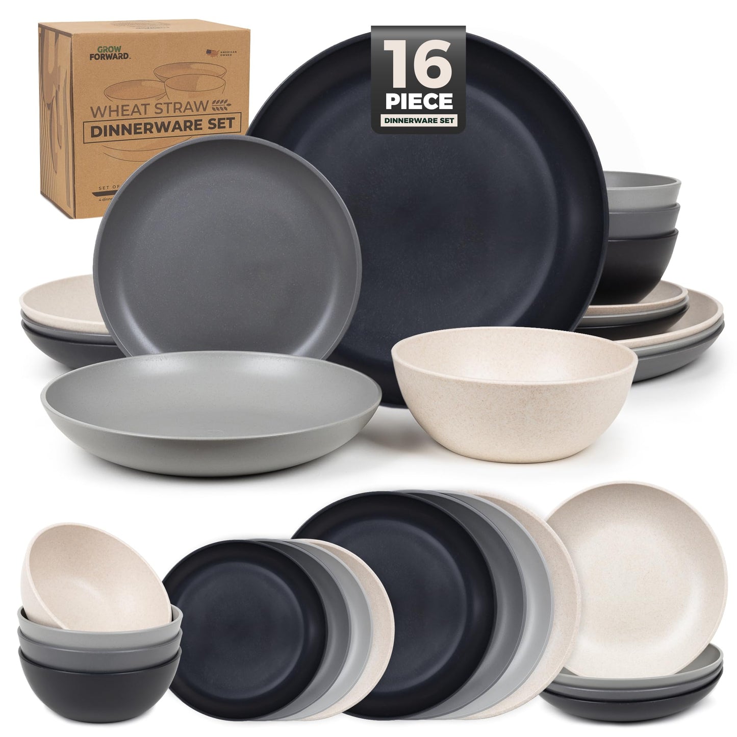 Grow Forward 16-piece Premium Wheat Straw Dinnerware Sets for 4 - Unbreakable Dishwasher & Microwave Safe Plastic Plates and Bowls Sets - Patio, Outdoors, RV, Camping Dishes - Sahara