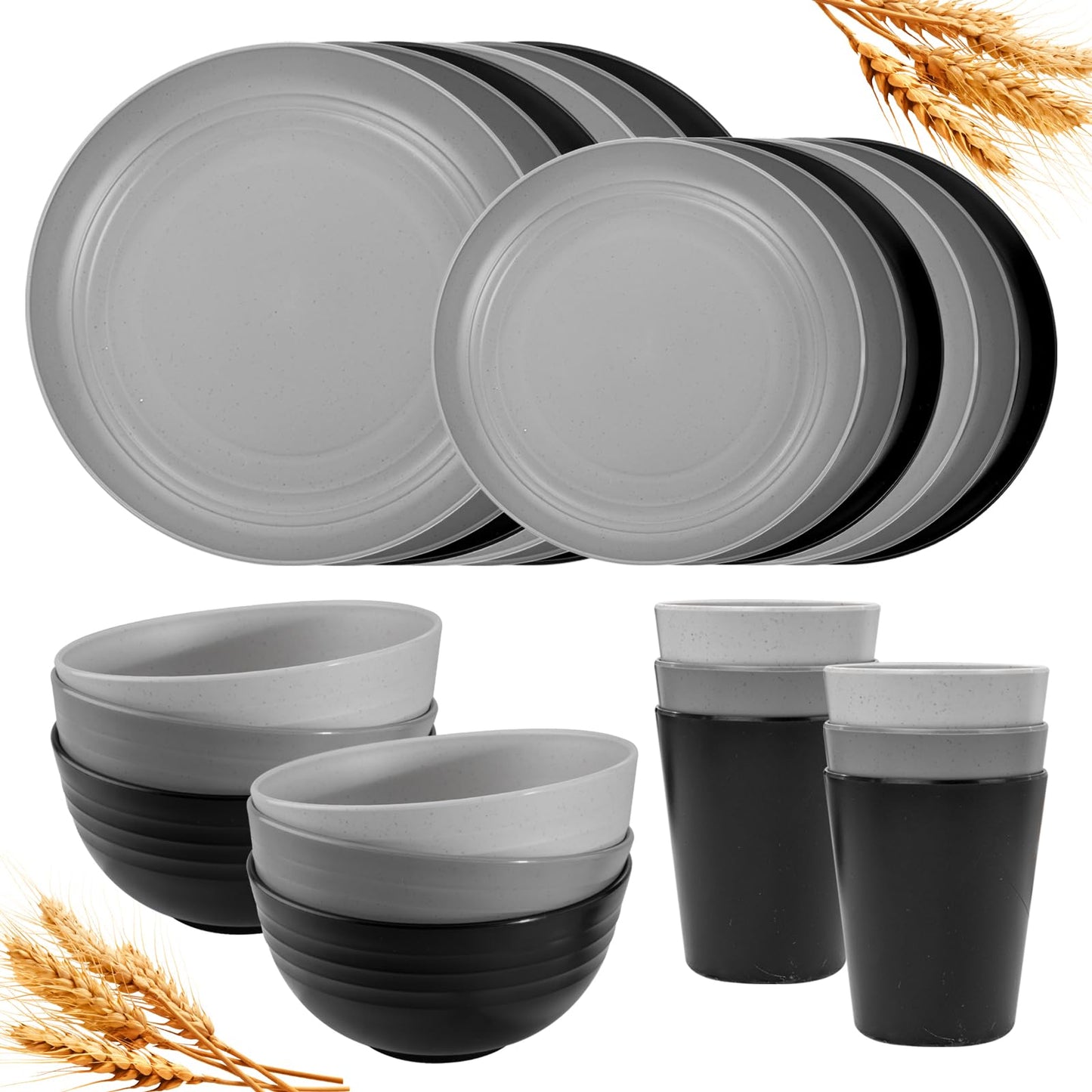 Rubtlamp 16Pcs Plastic Wheat Straw Dinnerware Set, Reusable Plastic Plate Set for 4, Kitchen Plates And Bowls Set (Pink) Include Dinner Platos, Dessert Platos, Cereal Bowls, Cups for Daily, Camping