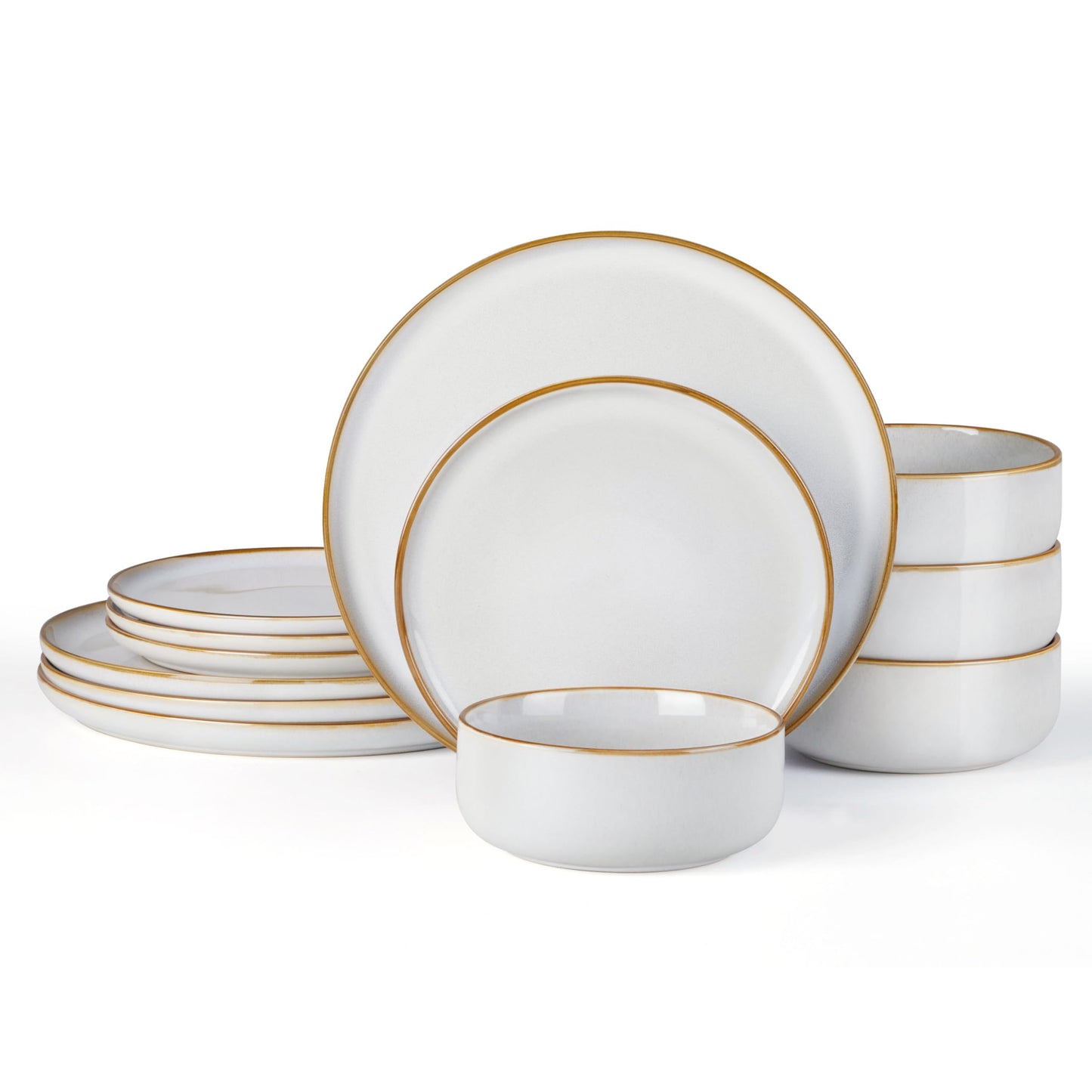 E-far 12-Piece Plates and Bowls Set, Stoneware Dinnerware Sets for 4, Reactive Glaze Ceramic Dinning Ware Dishes, Microwave & Dishwasher Safe - Sandy Beige