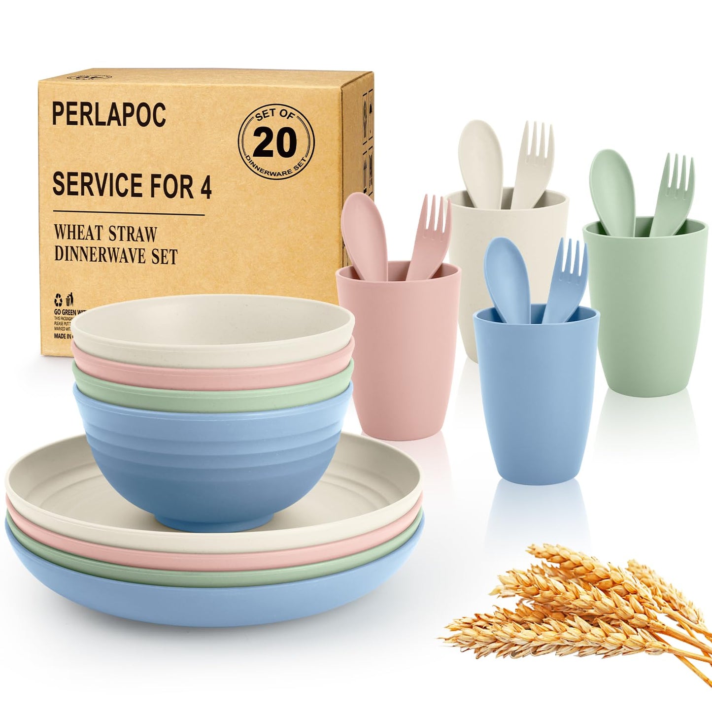 Wheat Straw Dinnerware Set 40 PCS - Service for 8 | Plates and Bowls Sets | Unbreakable Dishes Set - Dinner Plates, Dessert Plate, Cereal Bowls, Drinking Glasses, Dishwasher Safe - Multi