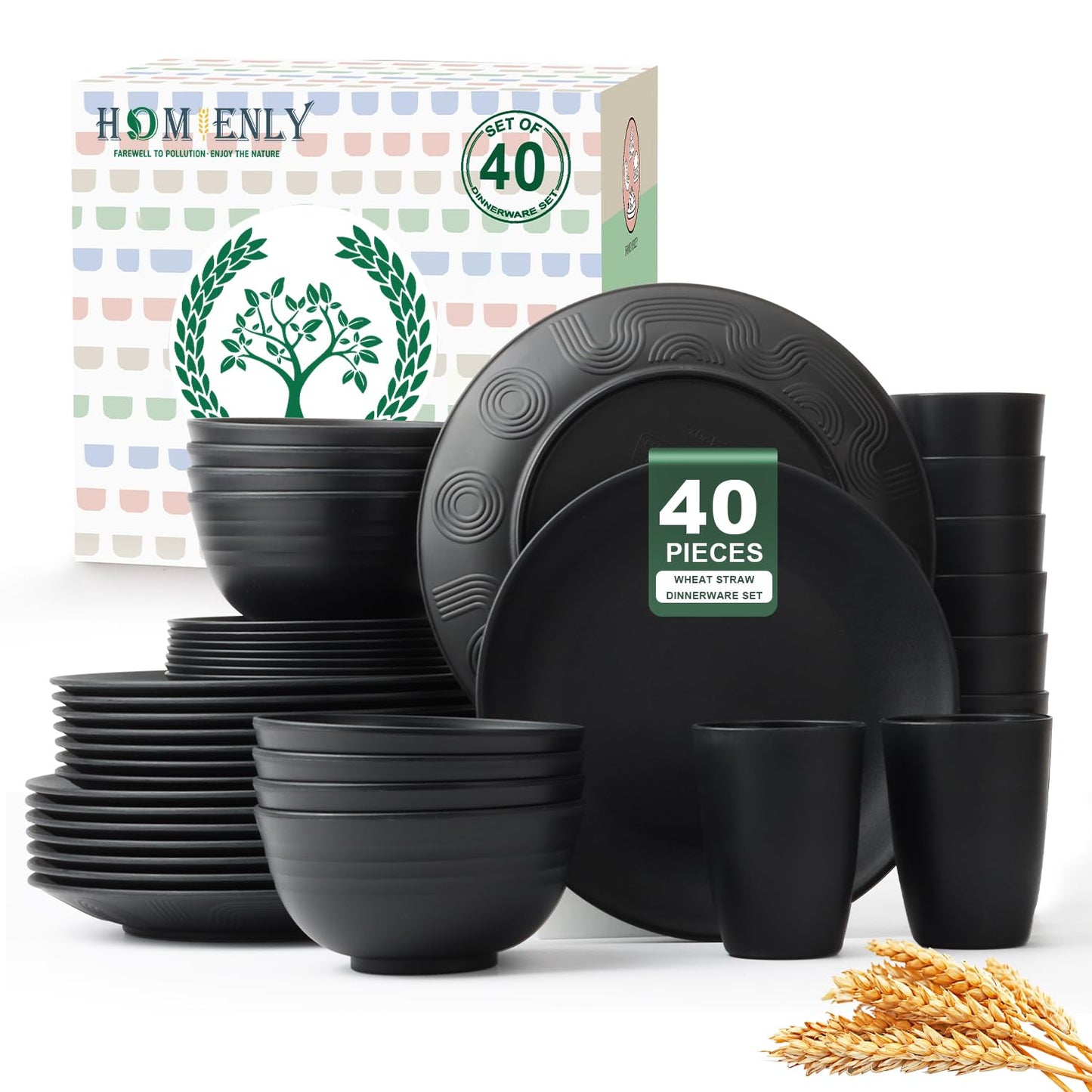 Homienly Kitchen Wheat Straw Dinnerware Set 40 PCS - Dinner Plates, Cereal Bowls, Wheat Straw Cups Set, Microwave and Dishwasher Safe Dishes Set, Unbreakable Dish Set for Party, Outdoor(Grey Stone)