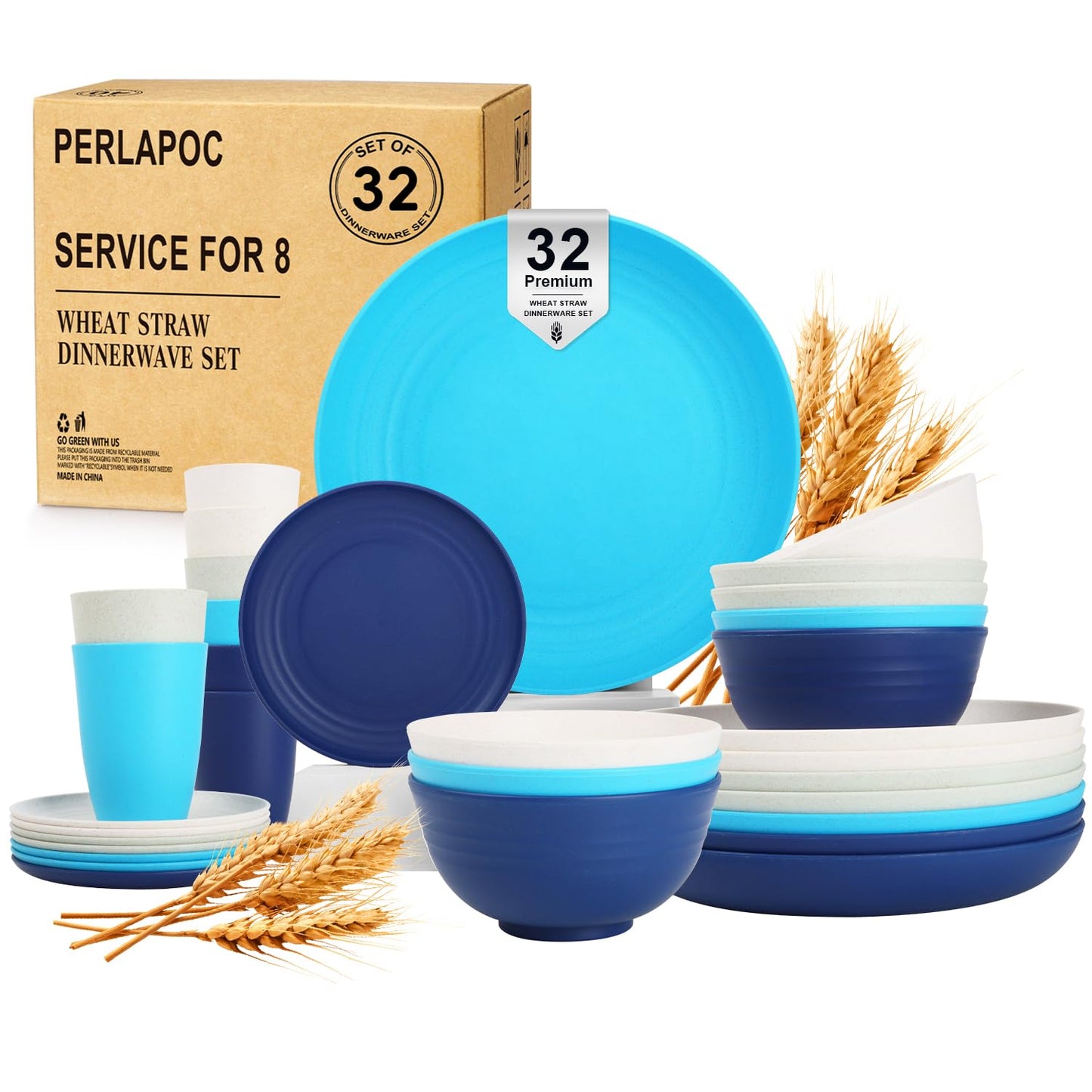 Wheat Straw Dinnerware Set 40 PCS - Service for 8 | Plates and Bowls Sets | Unbreakable Dishes Set - Dinner Plates, Dessert Plate, Cereal Bowls, Drinking Glasses, Dishwasher Safe - Multi