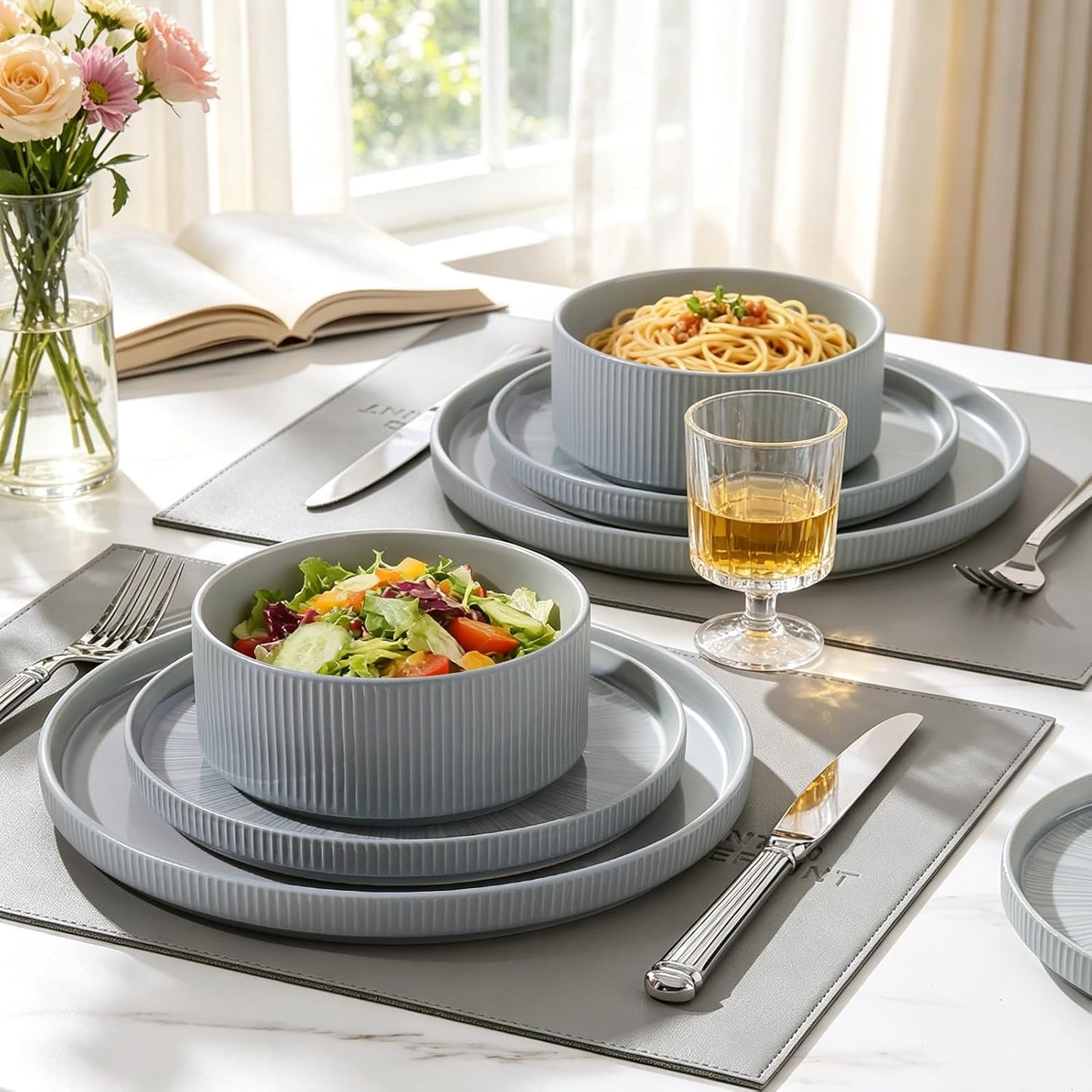 Dinnerware Sets for 4, Ceramic Plates and Bowls Set 12 Piece Dinnerware Chip Resistant Stoneware with Advanced Inkjet Printing Technology, Dishwasher and Microwave Safe-Dusty Blue