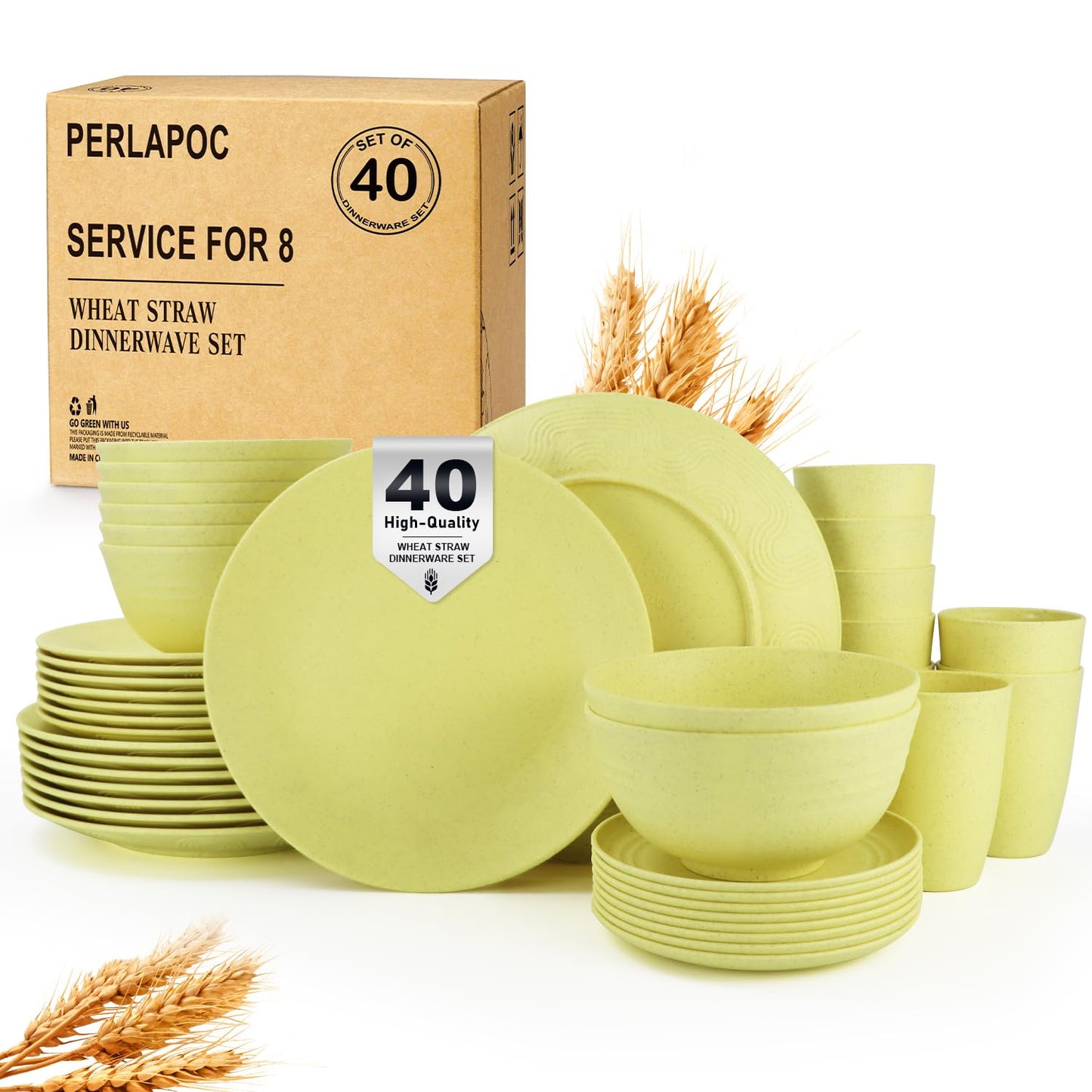 Wheat Straw Dinnerware Set 40 PCS - Service for 8 | Plates and Bowls Sets | Unbreakable Dishes Set - Dinner Plates, Dessert Plate, Cereal Bowls, Drinking Glasses, Dishwasher Safe - Multi