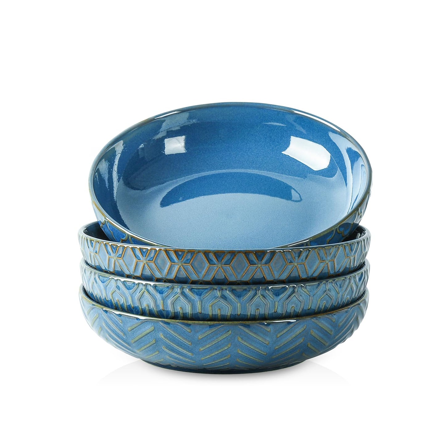 Sureasy Pasta Bowls Set of 4, 30oz Large Ceramic Embossed Bowl Plates, 8.5 Inch Wide and Shallow Plate Bowls, Salad Bowl, Microwave, Oven & Dishwasher Safe, White