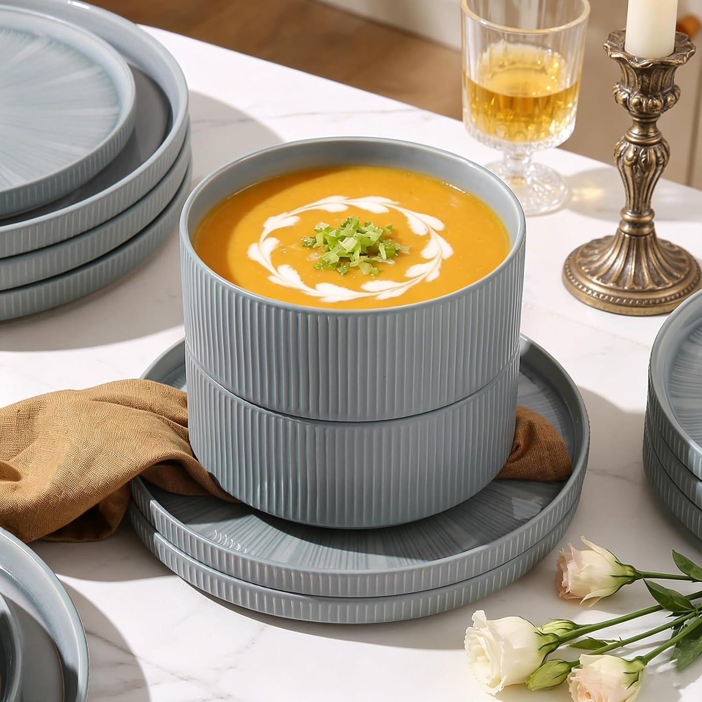 Dinnerware Sets for 4, Ceramic Plates and Bowls Set 12 Piece Dinnerware Chip Resistant Stoneware with Advanced Inkjet Printing Technology, Dishwasher and Microwave Safe-Dusty Blue