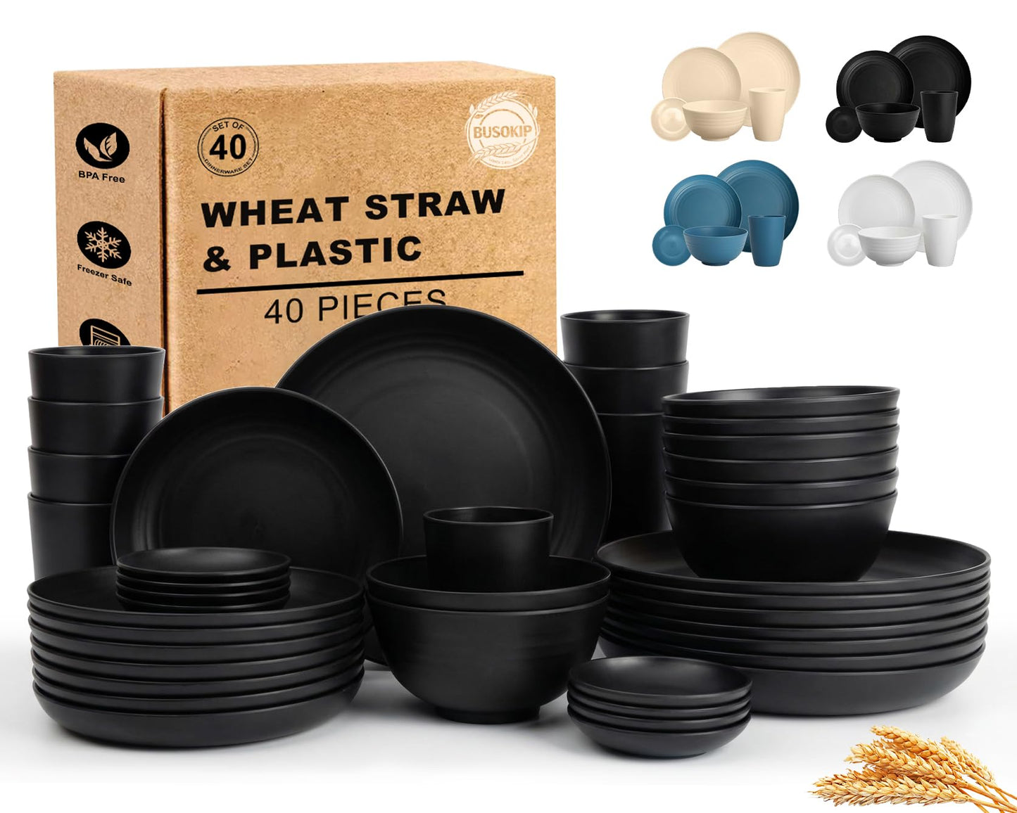 Wheat Straw Dinnerware Sets 40 Piece, Kitchen Plates and Bowls Set, Unbreakable Dishes Set for 8, Microwave and Dishwahser Safe Dishware Sets for Home, Camping, RV, Party - Multi