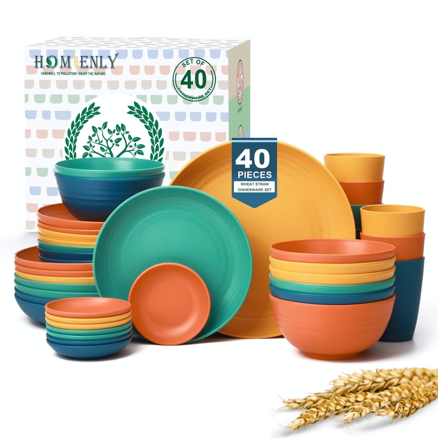 Homienly 40-Piece Dinnerwave Set Service for 8 Unbreakable Kitchen Plates and Bowls Sets - Dinner Plates, Dessert Plates, Soup Bowls, Cup Set, Soy Sauce Dish Microwave & Dishwasher Safe (Light Multi)