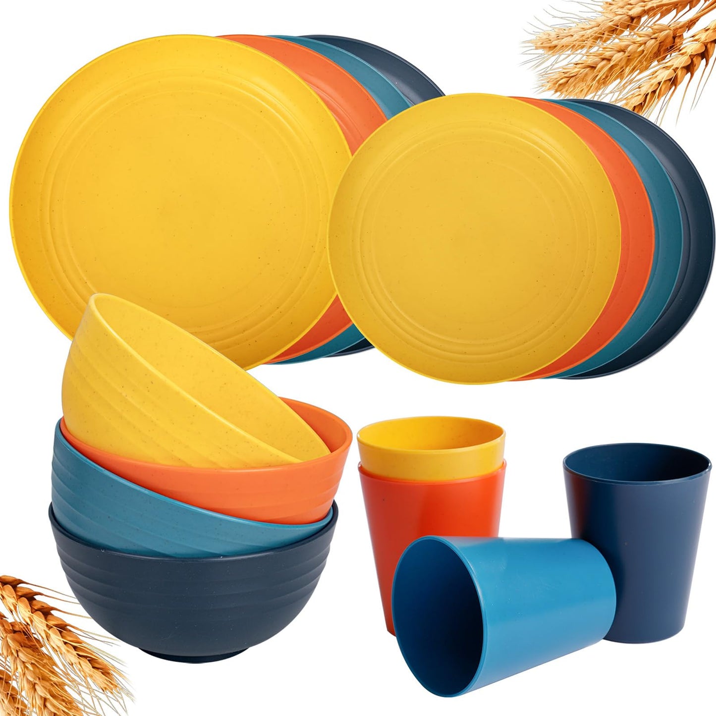 Rubtlamp 16Pcs Plastic Wheat Straw Dinnerware Set, Reusable Plastic Plate Set for 4, Kitchen Plates And Bowls Set (Pink) Include Dinner Platos, Dessert Platos, Cereal Bowls, Cups for Daily, Camping