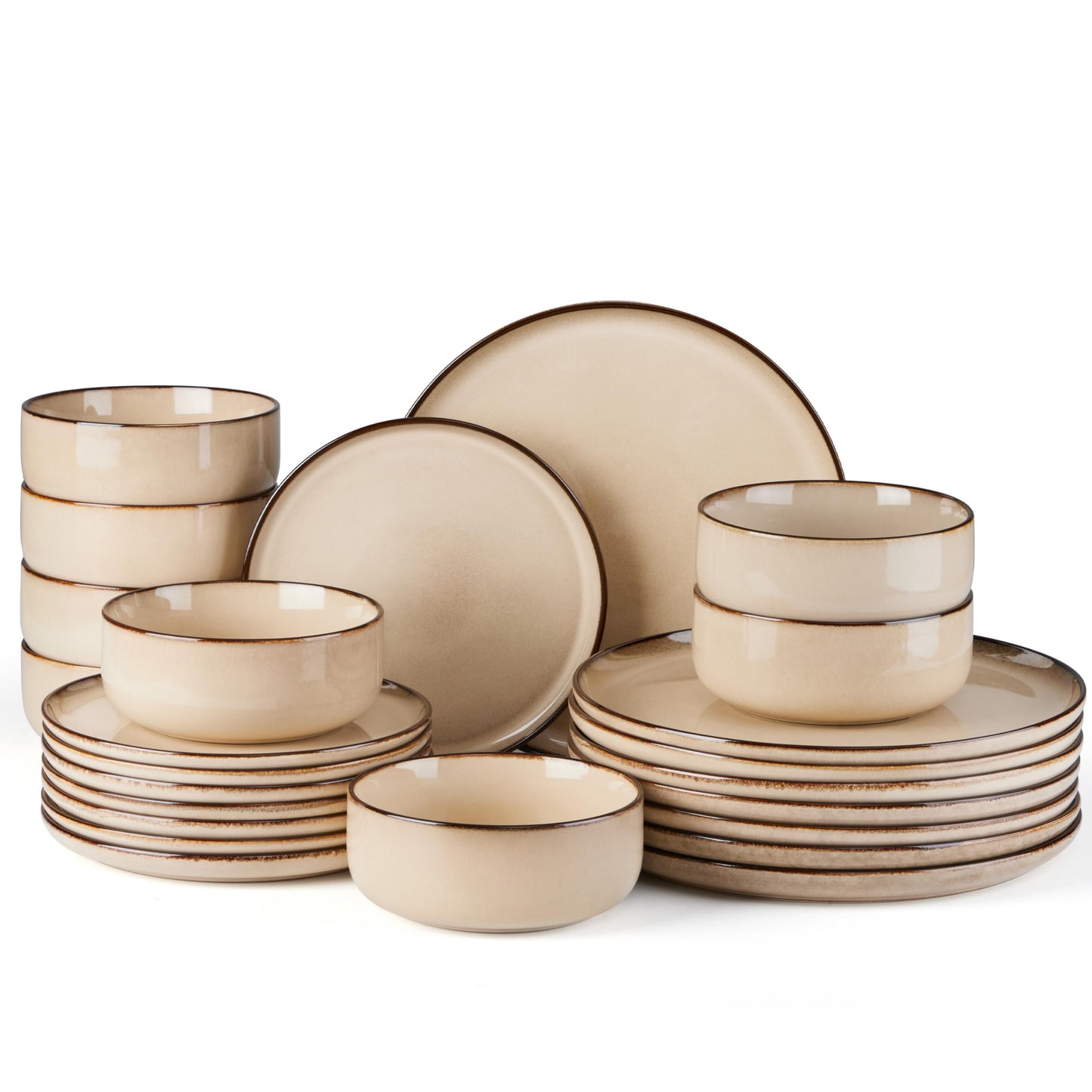 E-far 12-Piece Plates and Bowls Set, Stoneware Dinnerware Sets for 4, Reactive Glaze Ceramic Dinning Ware Dishes, Microwave & Dishwasher Safe - Sandy Beige