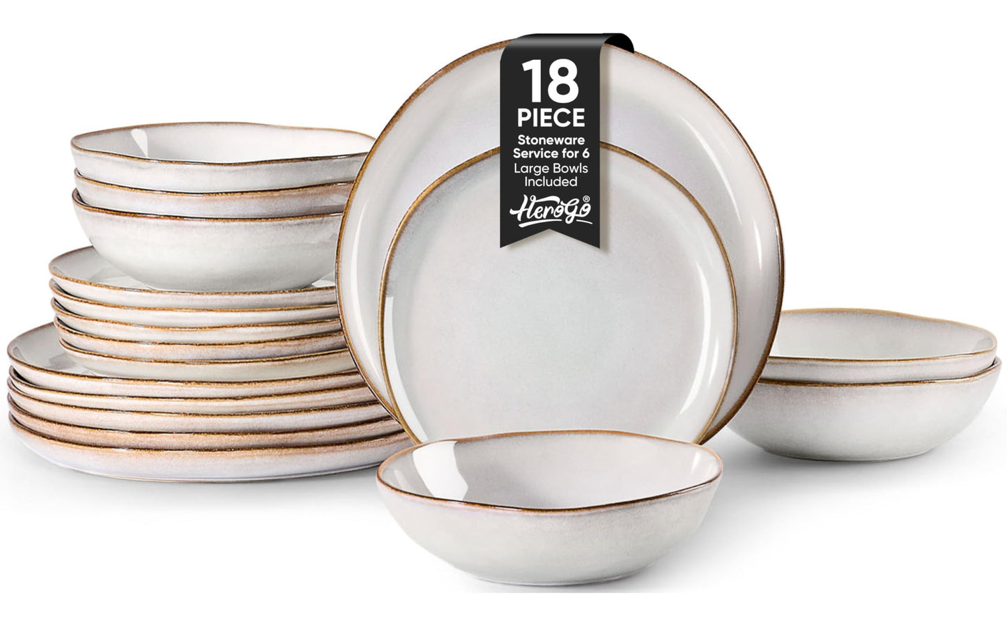 Herogo 12pcs Stoneware Dinnerware Sets for 4, Irregular Handmade Dinner Plates and Bowls, Kitchen Dining Dish Dishware Set, Microwave & Dishwasher Safe, Cream Khaki