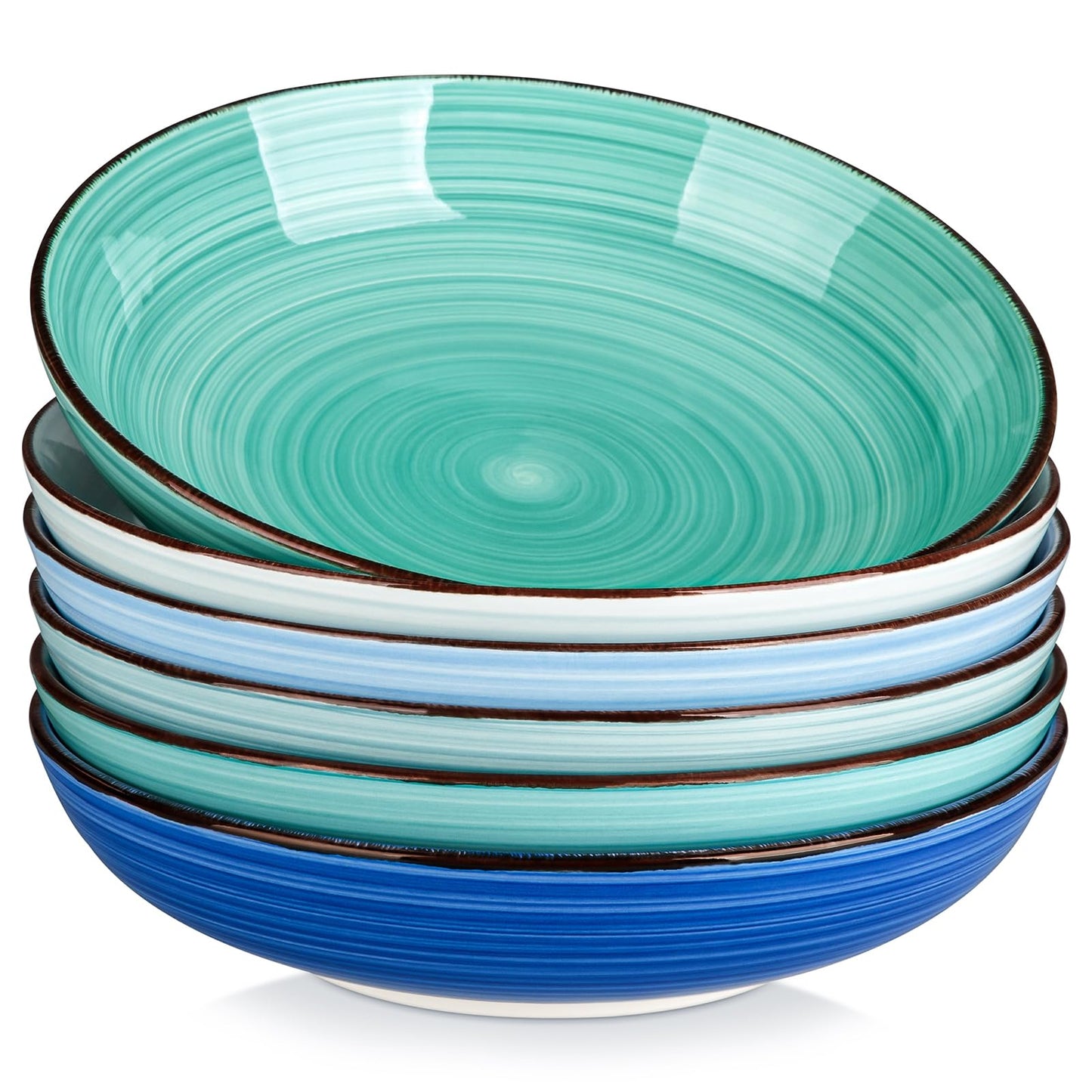 vancasso Bonita 38 oz Ceramic Pasta Bowls Set of 6, Microwave & Dishwasher Safe, 8.5 Inch Elegant Shallow Bowls Set for Pasta, Salad, & Soup – Large Capacity Pasta Plates Sets, Blue