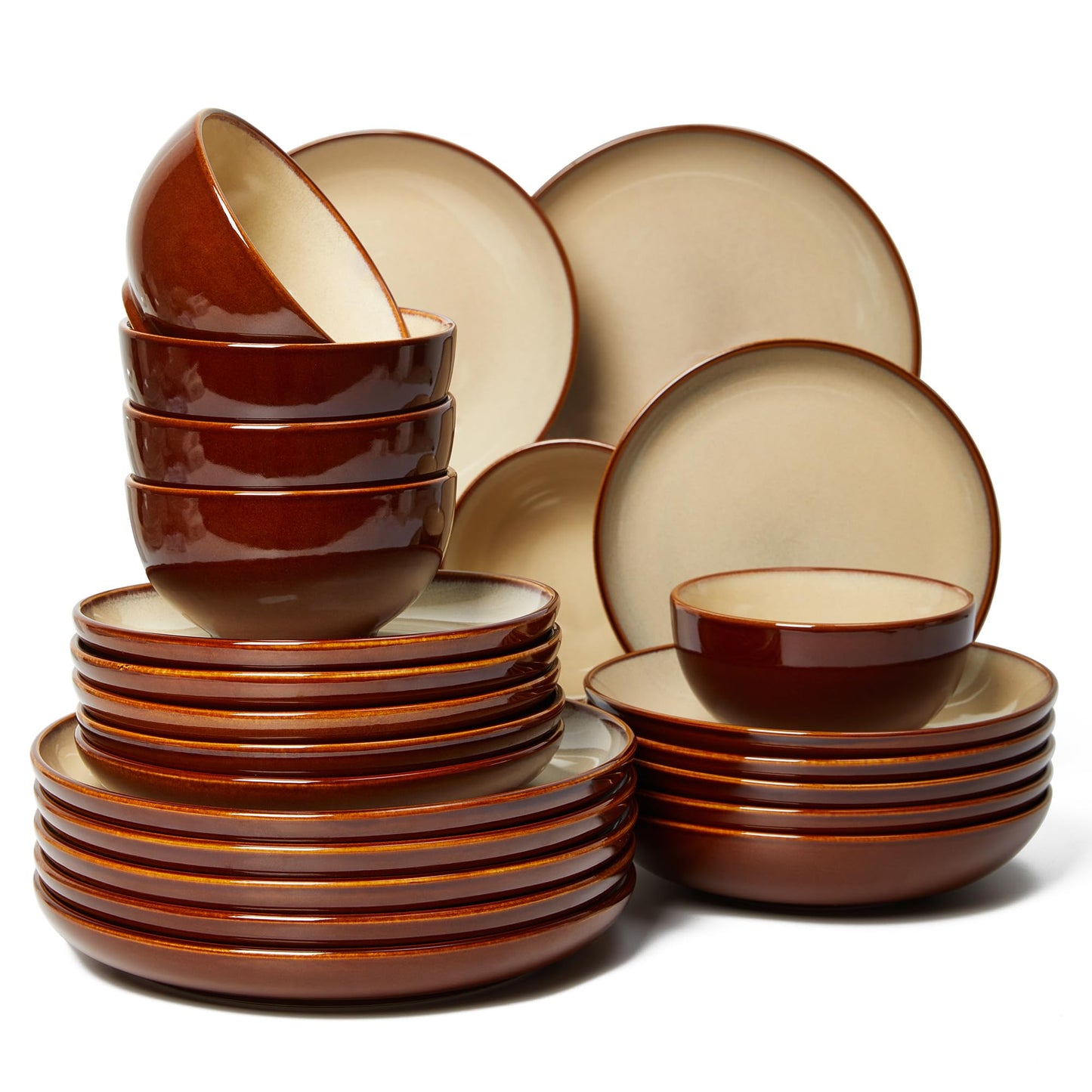 Pokini Stoneware Dinnerware Sets Service for 4, 12 pcs Reactive Glaze Plates and Bowls Sets, Handmade Ceramic Dish Set, Highly Chip and Crack Resistant Modern Plate Set, Brown Green