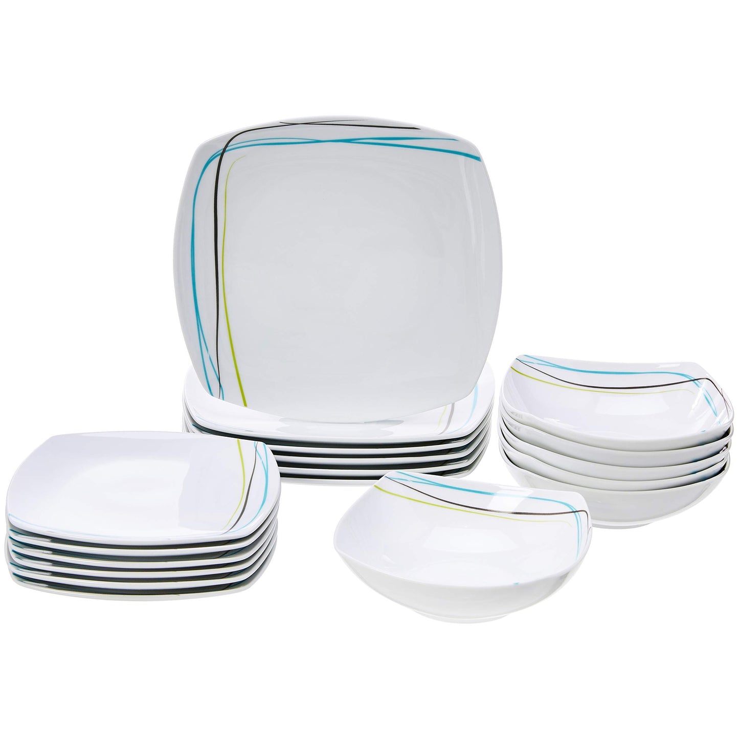 Amazon Basics Square Dinnerware Set for 6, Plates and Bowls for Kitchen, 18-Piece, Dishwasher and Microwave Safe, Modern Beams