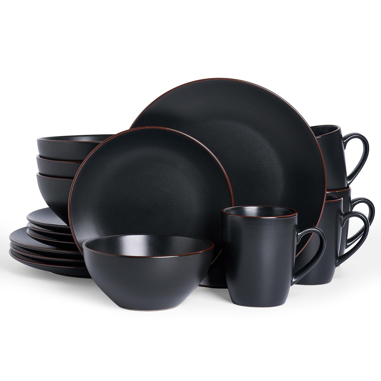 Famiware Venus Plates and Bowls Sets with Trim, 12 Pieces Speckled Stoneware Dishes Dinnerware Set for 4, Matte Dark Gray - Microwave & Dishwasher Safe, Modern Minimalist, Everyday & Formal Dining