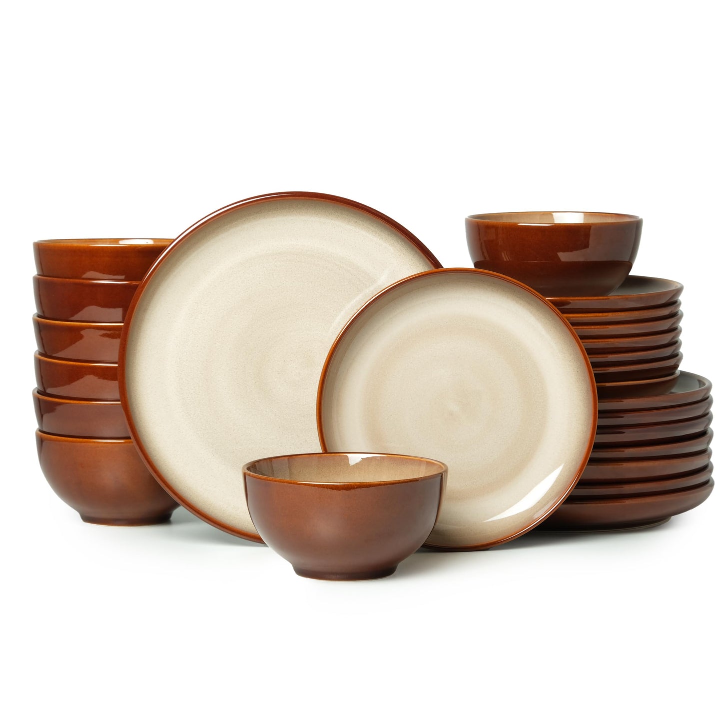 Pokini Stoneware Dinnerware Sets Service for 4, 12 pcs Reactive Glaze Plates and Bowls Sets, Handmade Ceramic Dish Set, Highly Chip and Crack Resistant Modern Plate Set, Brown Green