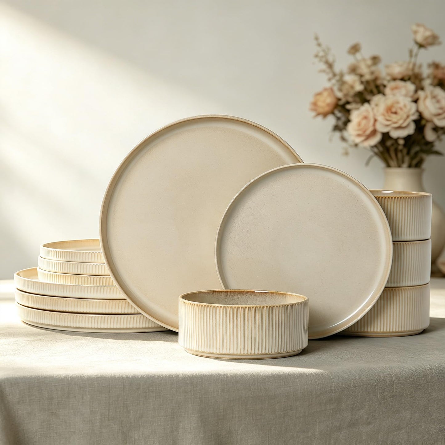 Dinnerware Sets for 4, Ceramic Plates and Bowls Set 12 Piece Dinnerware Chip Resistant Stoneware with Advanced Inkjet Printing Technology, Dishwasher and Microwave Safe-Dusty Blue