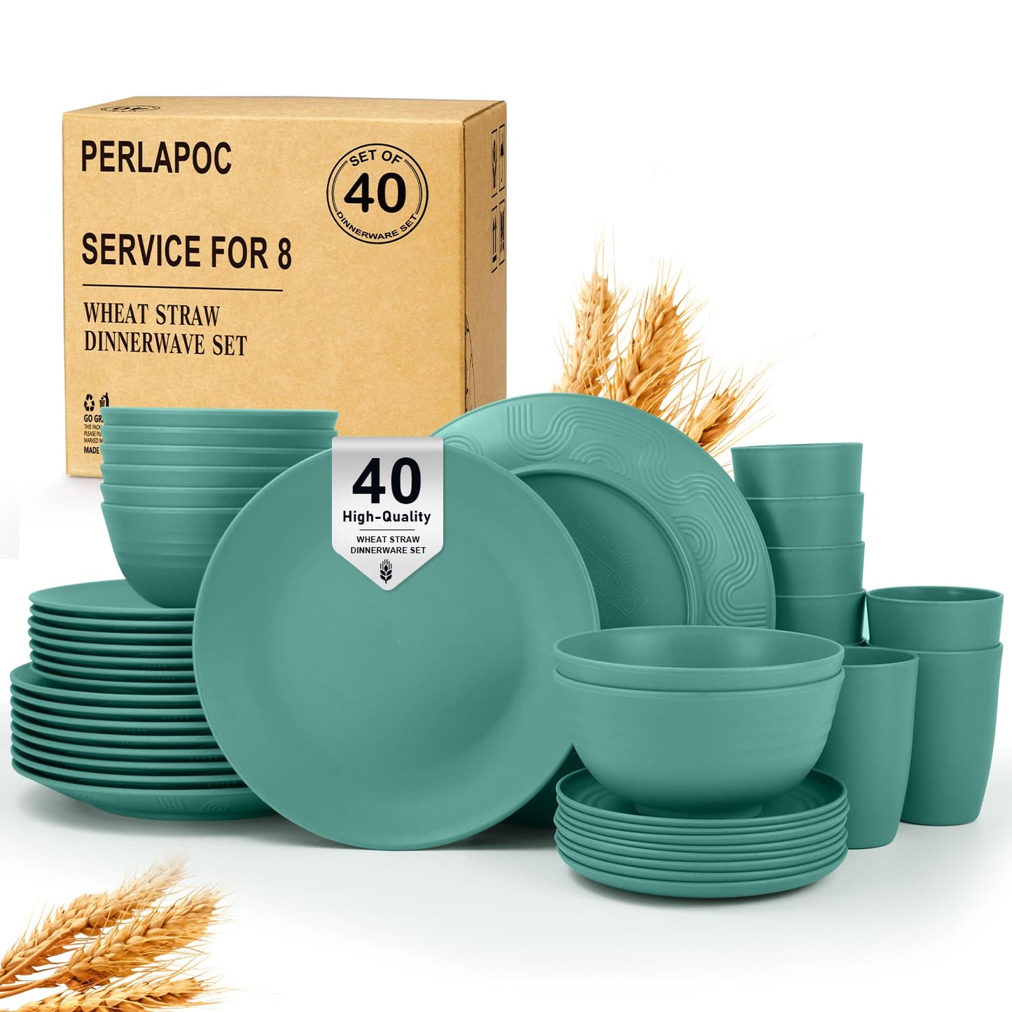 Wheat Straw Dinnerware Set 40 PCS - Service for 8 | Plates and Bowls Sets | Unbreakable Dishes Set - Dinner Plates, Dessert Plate, Cereal Bowls, Drinking Glasses, Dishwasher Safe - Multi