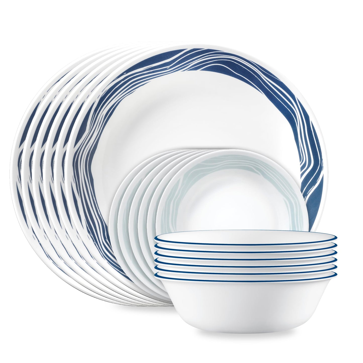 Corelle Vitrelle 18-Piece Service for 6 Dinnerware Set Triple Layer Glass and Chip Resistant, Lightweight Round Plates and Bowls Set, Winter Frost White