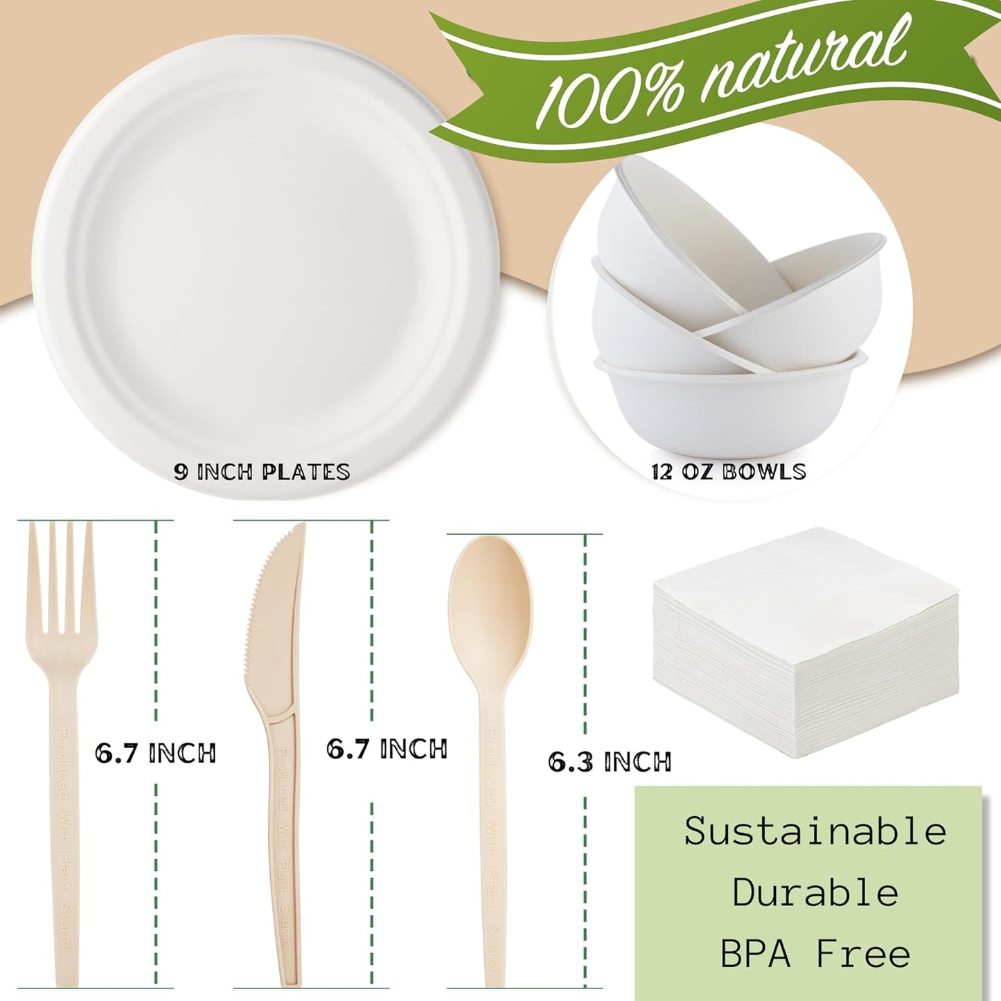300pcs Compostable Paper Plates Set - Heavy-Duty Biodegradable Plates, Bowls & Cutlery - Ideal for Parties, Weddings, Picnics, Camping - Eco-friendly, Safe, BPA Free, Microwave Safe