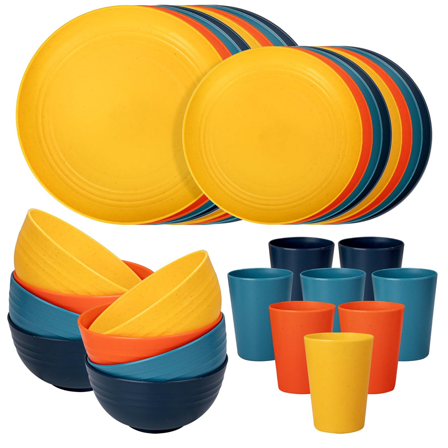 Supernal 32pcs Wheat Straw Dinnerware Sets,Plates and Bowls Sets,Reusable Plastic Plate,Microwave Dishwasher Safe,Plastic Dinnerware Set,Four Color Set 16pcs Plates,8pcs Bowls,8pcs Cups