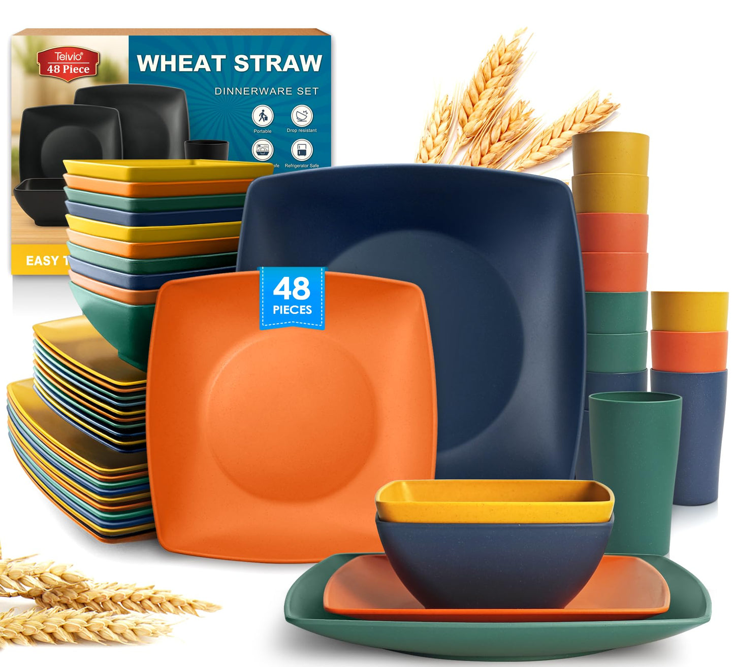 Teivio 48-piece Plastic Wheat Straw Square Dinnerware Set for 12, Unbreakable Dinner Plates, Salad Plates, Snack Bowls, Tumblers 13.5 oz, Dishwasher Safe Kitchen Outdoor Camping RV Dish, Black