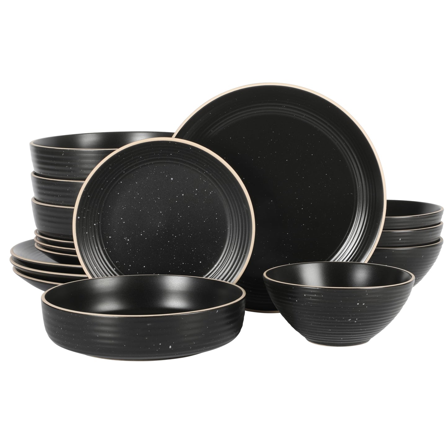 Gibson Home Cloudlight 12 Piece Plates and Bowls Dishes Brown and White - Decorated Porcelain Ceramic Dinnerware Set - Service for 4