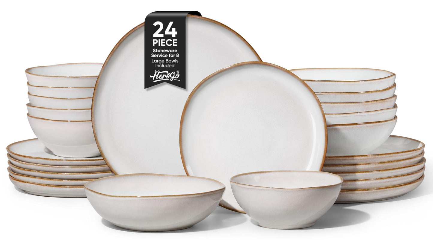 Herogo 12pcs Stoneware Dinnerware Sets for 4, Irregular Handmade Dinner Plates and Bowls, Kitchen Dining Dish Dishware Set, Microwave & Dishwasher Safe, Cream Khaki