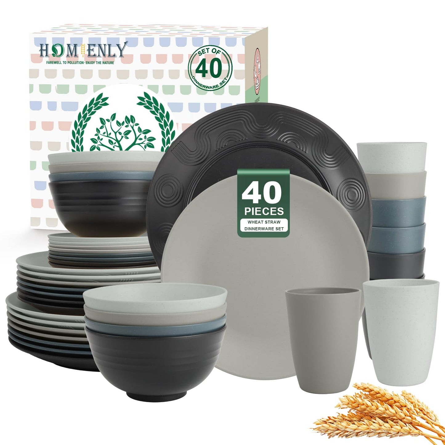 Homienly 40-Piece Premium Wheat Straw Dinnerware Sets, Service for 8, Unbreakable Plates and Bowls Set - Cups Sets, Dinner Plates, Bowls for Kitchen,Dishwasher and Microwave Safe Dishes Set - Multi