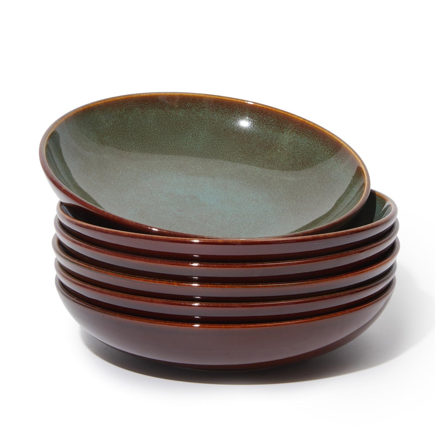 Pokini 8.75 Inch Large Ceramic Pasta Bowls, 32 Oz Reactive Glaze Stoneware Pasta Serving Bowls Set of 4 for Kitchen, Wide Bowls for Fruit,Pasta,Salad,Soup, Scratch Resistant-Brown and Green