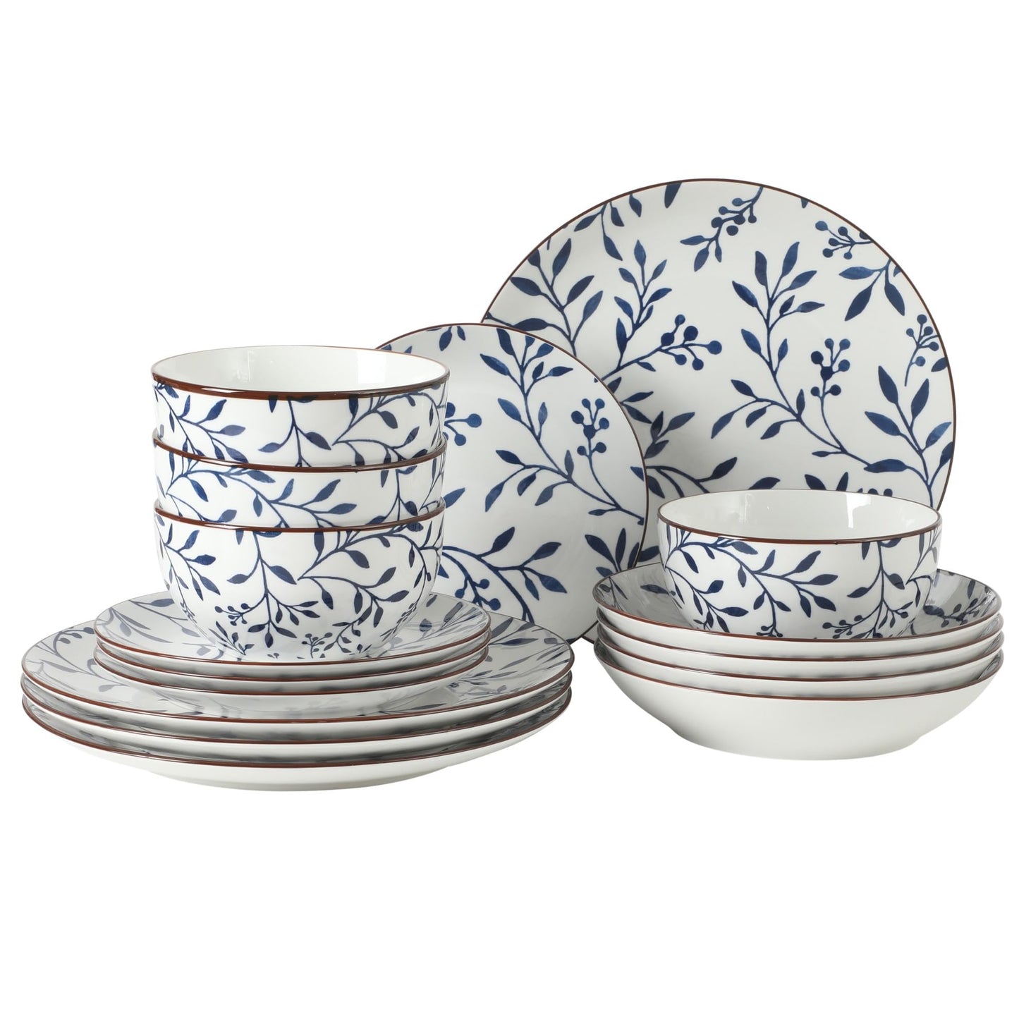 Gibson Home Cloudlight 12 Piece Plates and Bowls Dishes Brown and White - Decorated Porcelain Ceramic Dinnerware Set - Service for 4