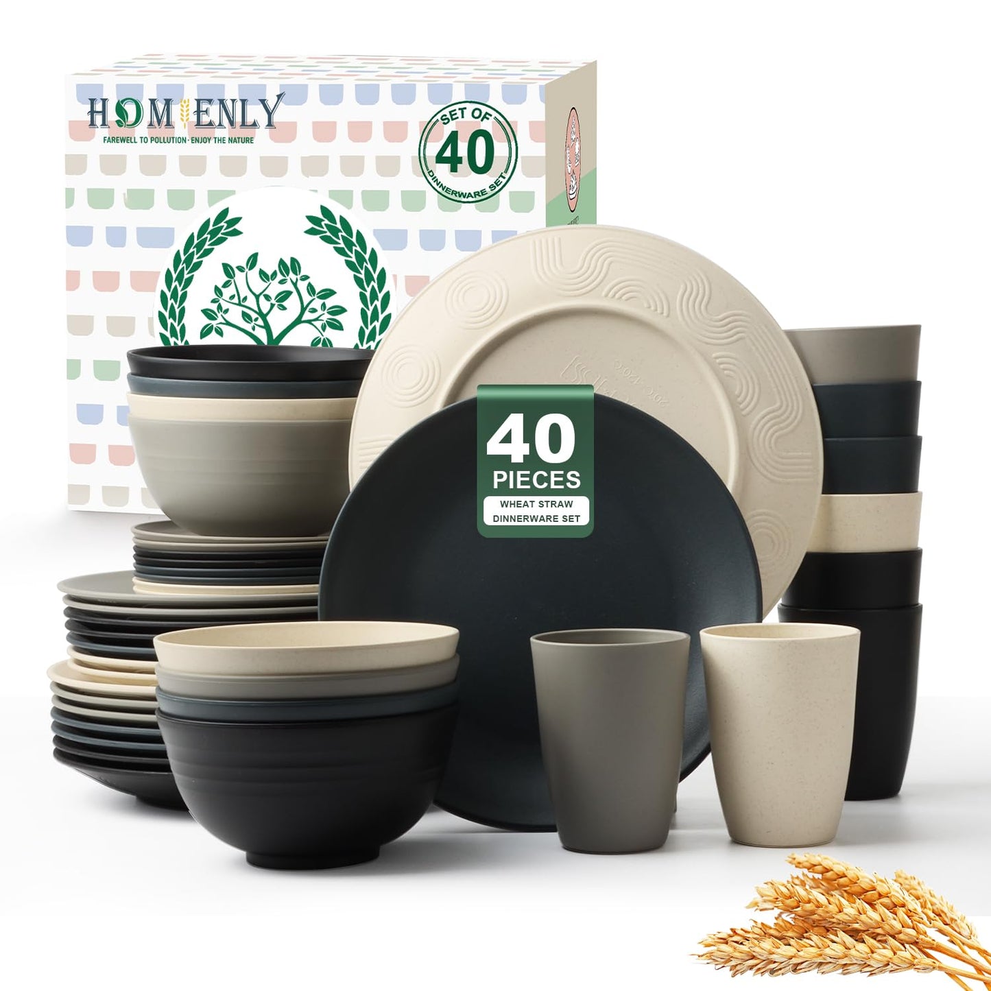 Homienly 40-Piece Premium Wheat Straw Dinnerware Sets, Service for 8, Unbreakable Plates and Bowls Set - Cups Sets, Dinner Plates, Bowls for Kitchen,Dishwasher and Microwave Safe Dishes Set - Multi
