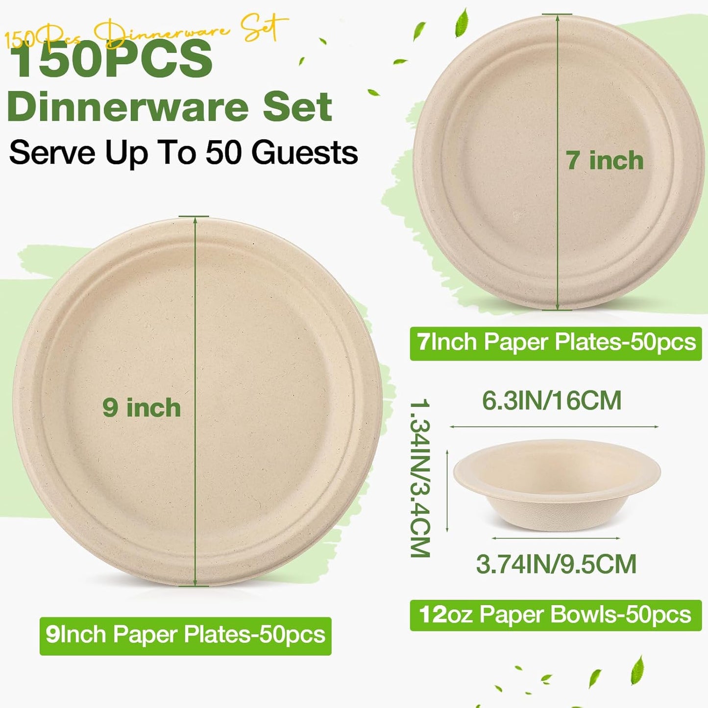 Havawish 150 Pcs Compostable Paper Plates and Bowls Set 7 Inch 9 Inch Disposable Plate 12oz Biodegradable Bowls for Party Dinner 50-person Bulk Party Supplies