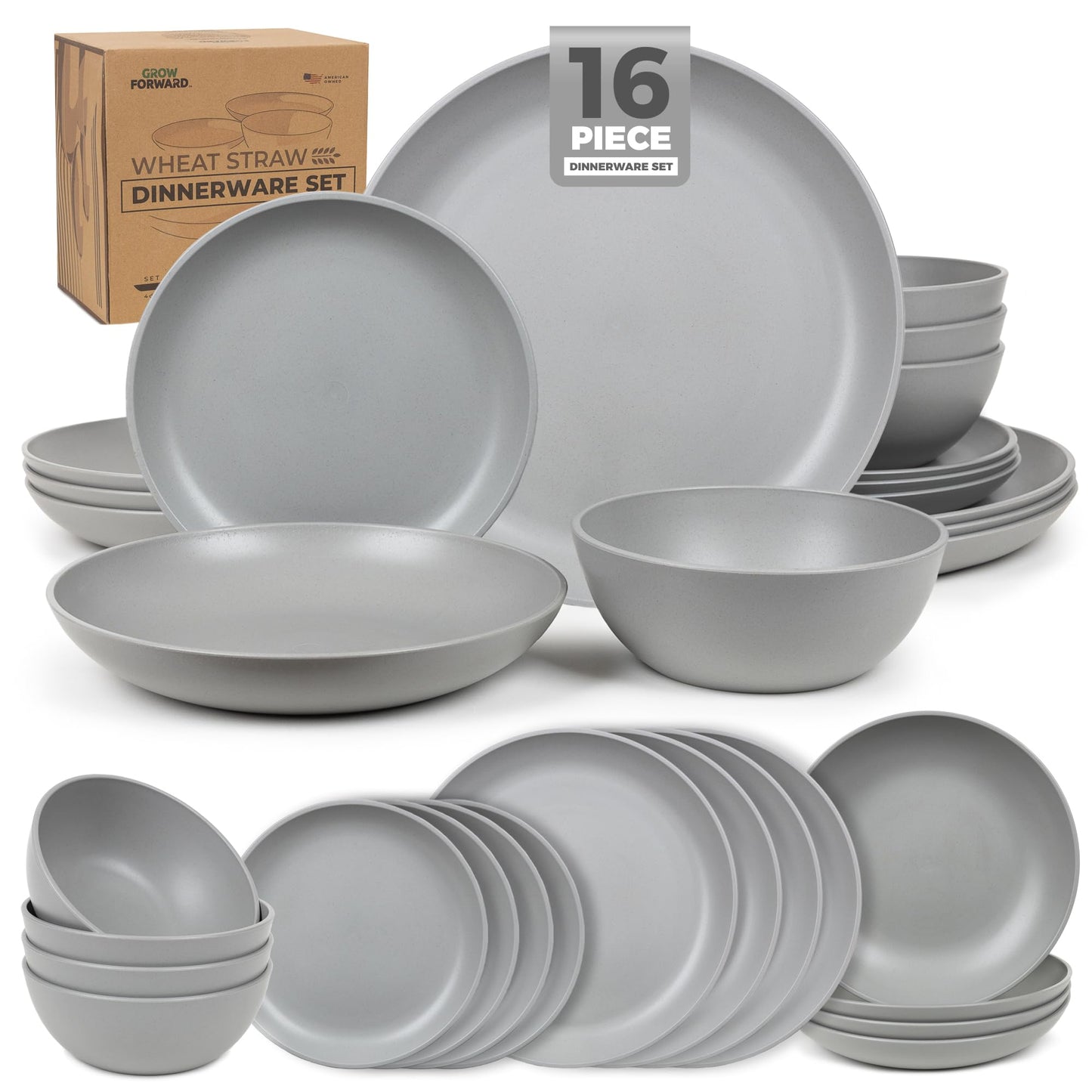 Grow Forward 16-piece Premium Wheat Straw Dinnerware Sets for 4 - Unbreakable Dishwasher & Microwave Safe Plastic Plates and Bowls Sets - Patio, Outdoors, RV, Camping Dishes - Sahara