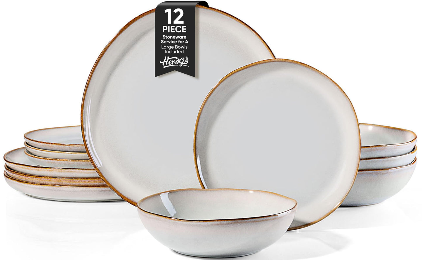 Herogo 12pcs Stoneware Dinnerware Sets for 4, Irregular Handmade Dinner Plates and Bowls, Kitchen Dining Dish Dishware Set, Microwave & Dishwasher Safe, Cream Khaki