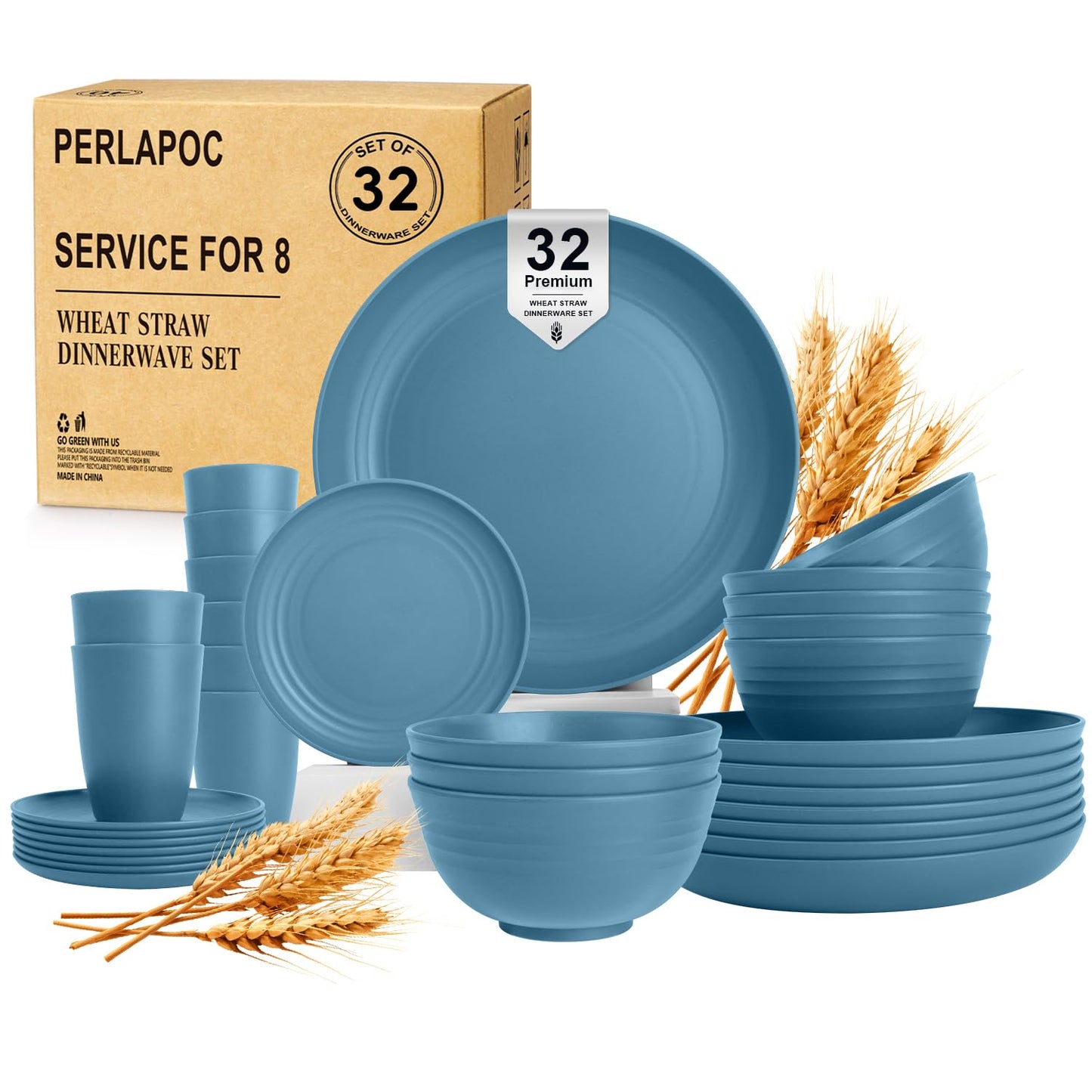 Wheat Straw Dinnerware Set 40 PCS - Service for 8 | Plates and Bowls Sets | Unbreakable Dishes Set - Dinner Plates, Dessert Plate, Cereal Bowls, Drinking Glasses, Dishwasher Safe - Multi