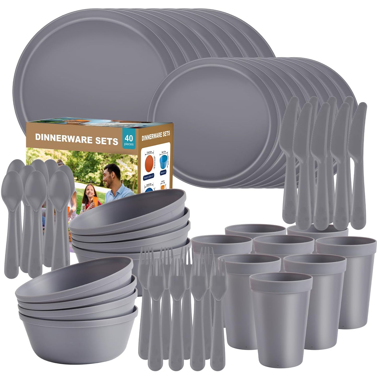 40 Piece Plastic Dinnerware Set for 8 with Cutlery, Unbreakable Plates and Bowls Set, Dishwasher & Microwave Safe Reusable Dish Set for Camping, RV, Outdoor Kitchen, Apartment Dining, Black