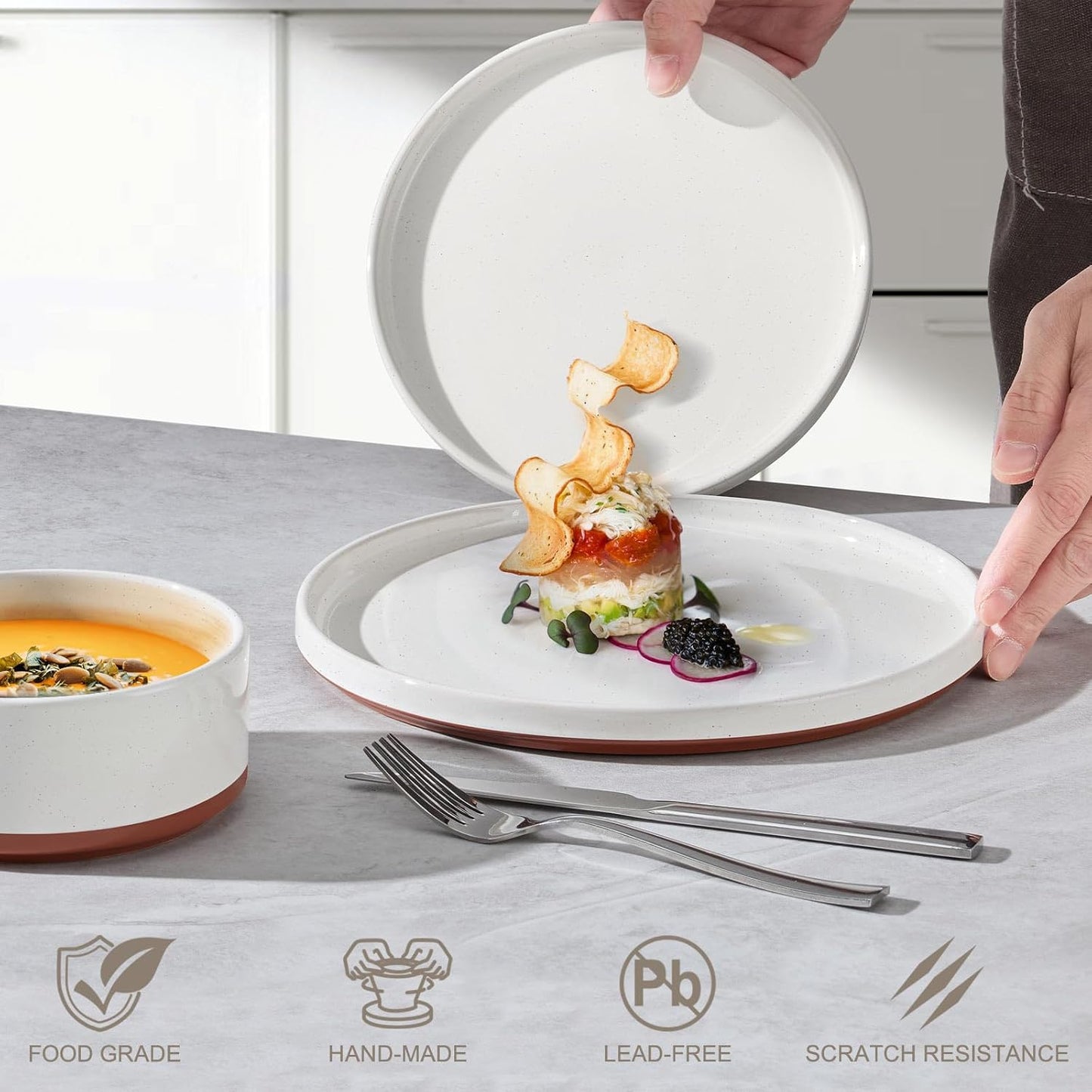 LIANYU Plates and Bowls Sets, 12 Pieces Stoneware Dinnerware Set for 4, Modern Kitchen Dinner Set Ceramic Dishware Dishes Set, Microwave and Dishwasher Safe, Cloud White