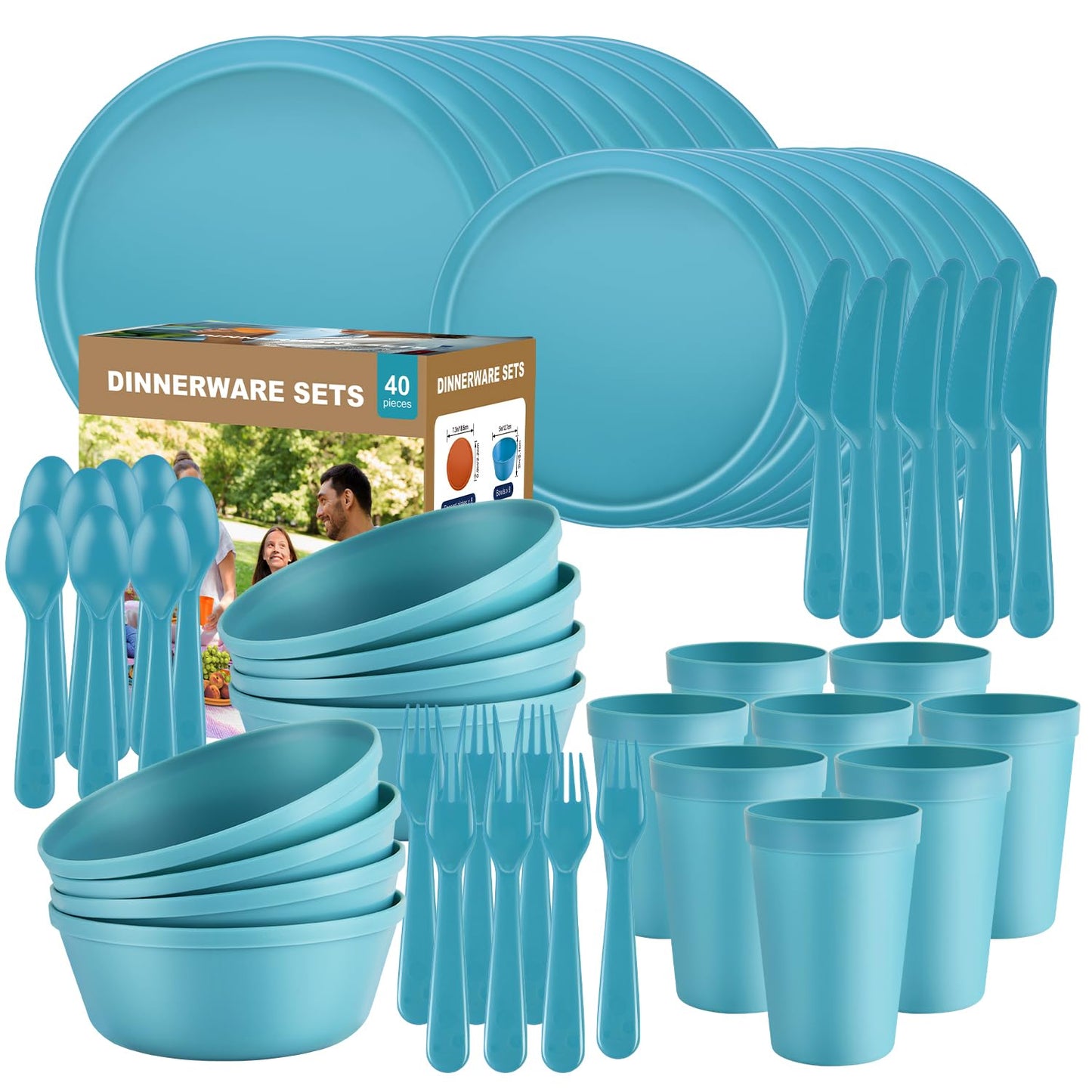 40 Piece Plastic Dinnerware Set for 8 with Cutlery, Unbreakable Plates and Bowls Set, Dishwasher & Microwave Safe Reusable Dish Set for Camping, RV, Outdoor Kitchen, Apartment Dining, Black