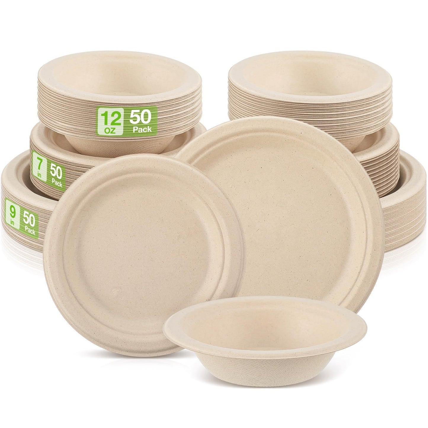 Havawish 150 Pcs Compostable Paper Plates and Bowls Set 7 Inch 9 Inch Disposable Plate 12oz Biodegradable Bowls for Party Dinner 50-person Bulk Party Supplies