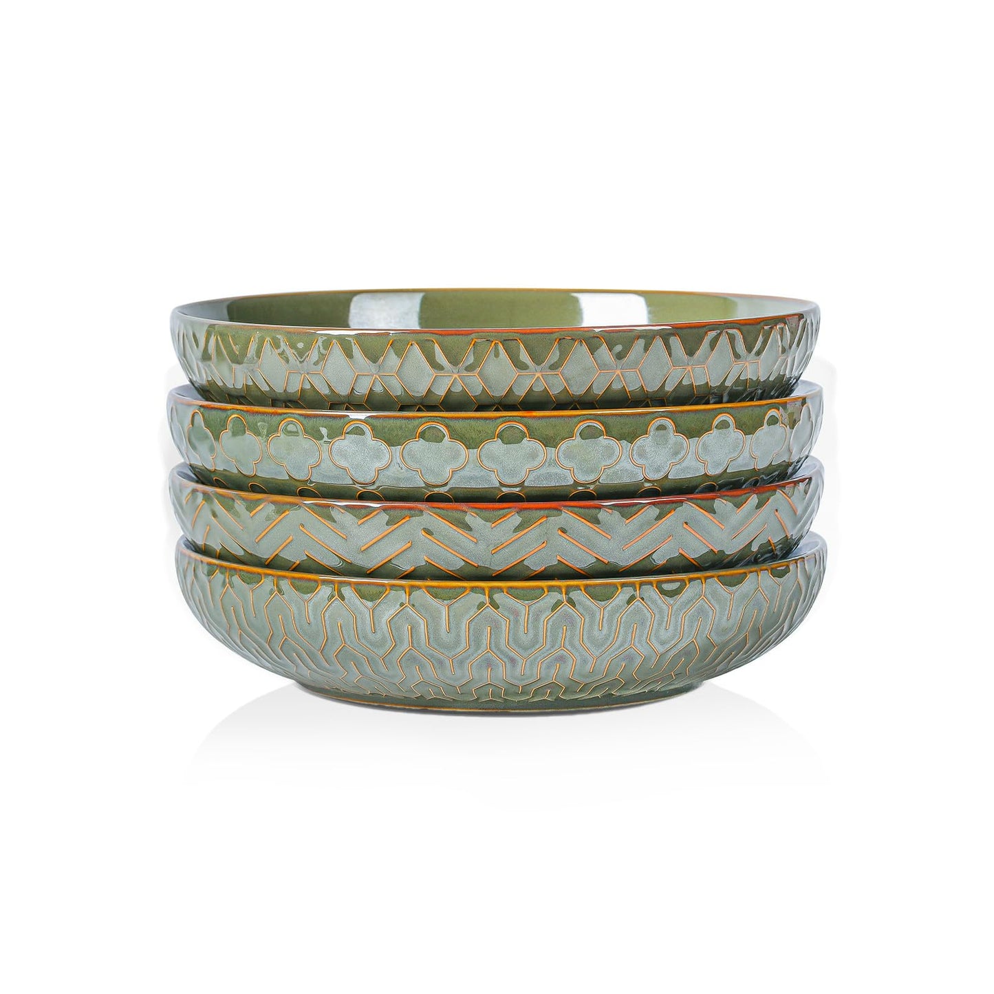 Sureasy Pasta Bowls Set of 4, 30oz Large Ceramic Embossed Bowl Plates, 8.5 Inch Wide and Shallow Plate Bowls, Salad Bowl, Microwave, Oven & Dishwasher Safe, White