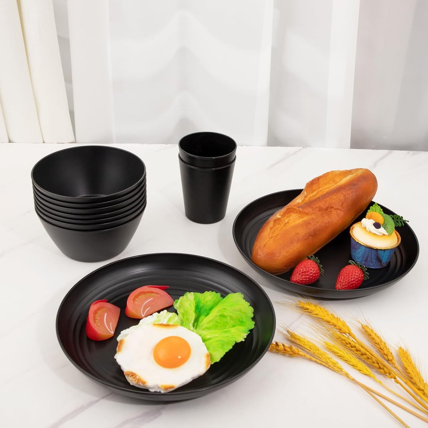 LIYH 48 Pcs Black Wheat Straw Plates and Bowls Dinnerware Set for 12, Camping Dish Set, Dishwasher Safe, Unbreakable Plastic Camper Dishes