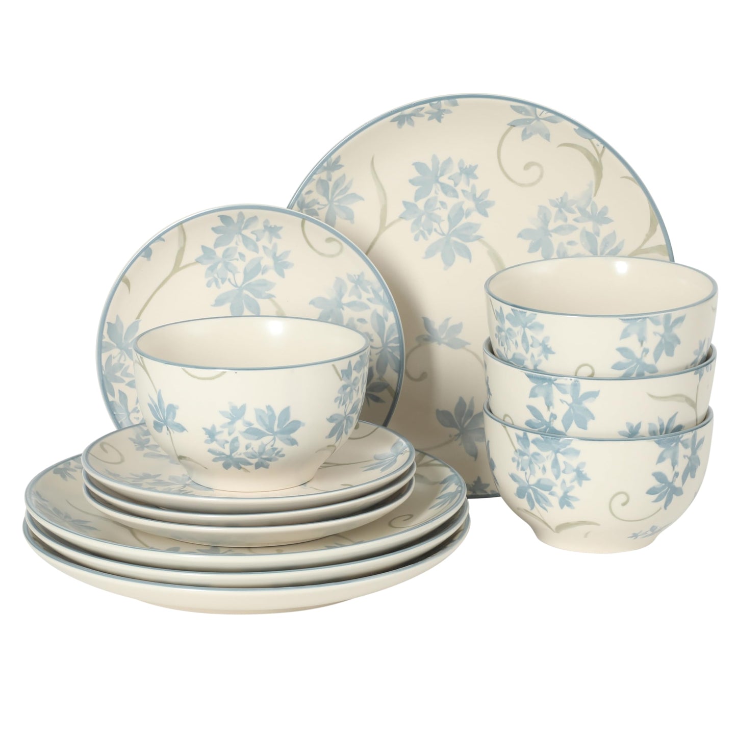 Gibson Home Cloudlight 12 Piece Plates and Bowls Dishes Brown and White - Decorated Porcelain Ceramic Dinnerware Set - Service for 4