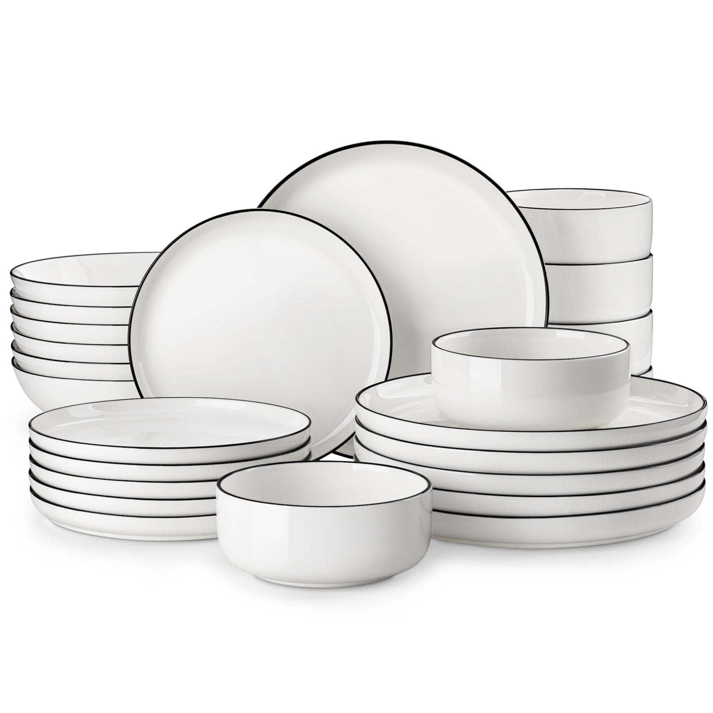 MALACASA Plates and Bowls Sets, 12 Pieces Modern Porcelain Dinnerware Set for 4 White Kitchen Dinner Dining Ware Set wtih Black Rim Ceramic Dishware Dishes Microwave and Dishwasher Safe, Series LUNA